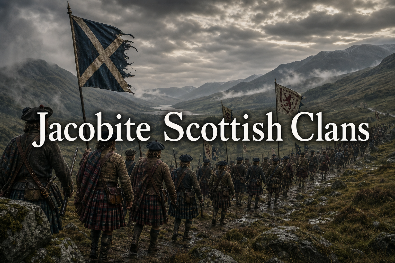 Jacobite Scottish clans shown marching through misty glens with tartans, muskets, dramatic skies, and 1745 history