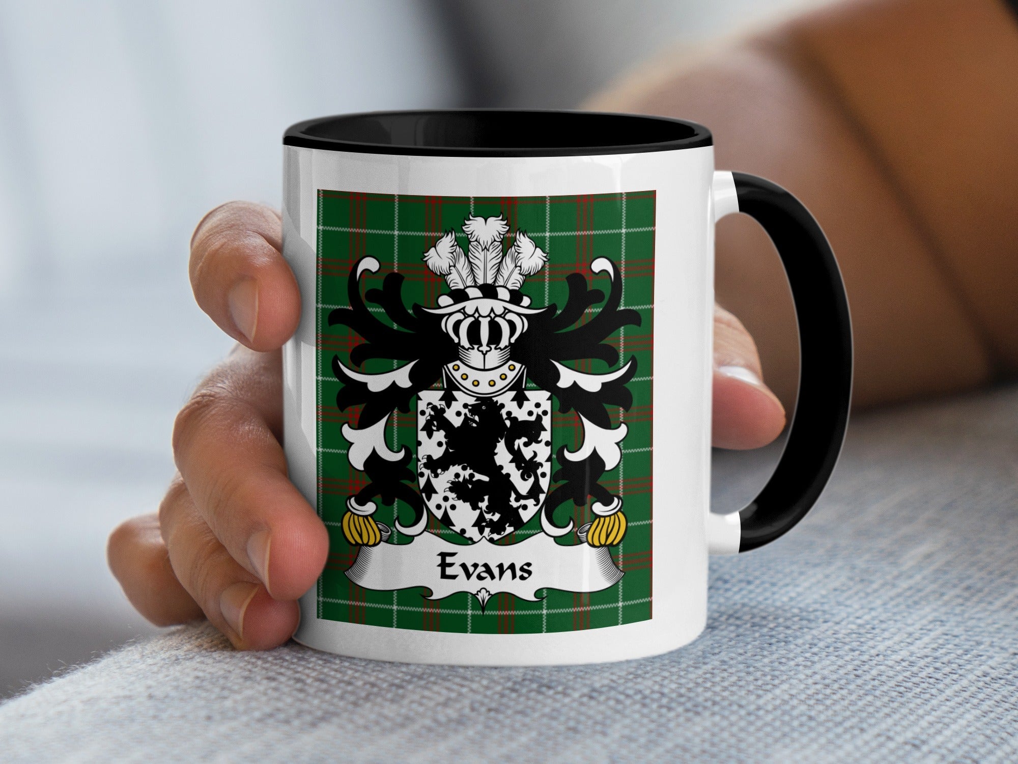 Evans Welsh Coat of Arms Accent Mug with black handle on Welsh National Tartan – family heritage gift