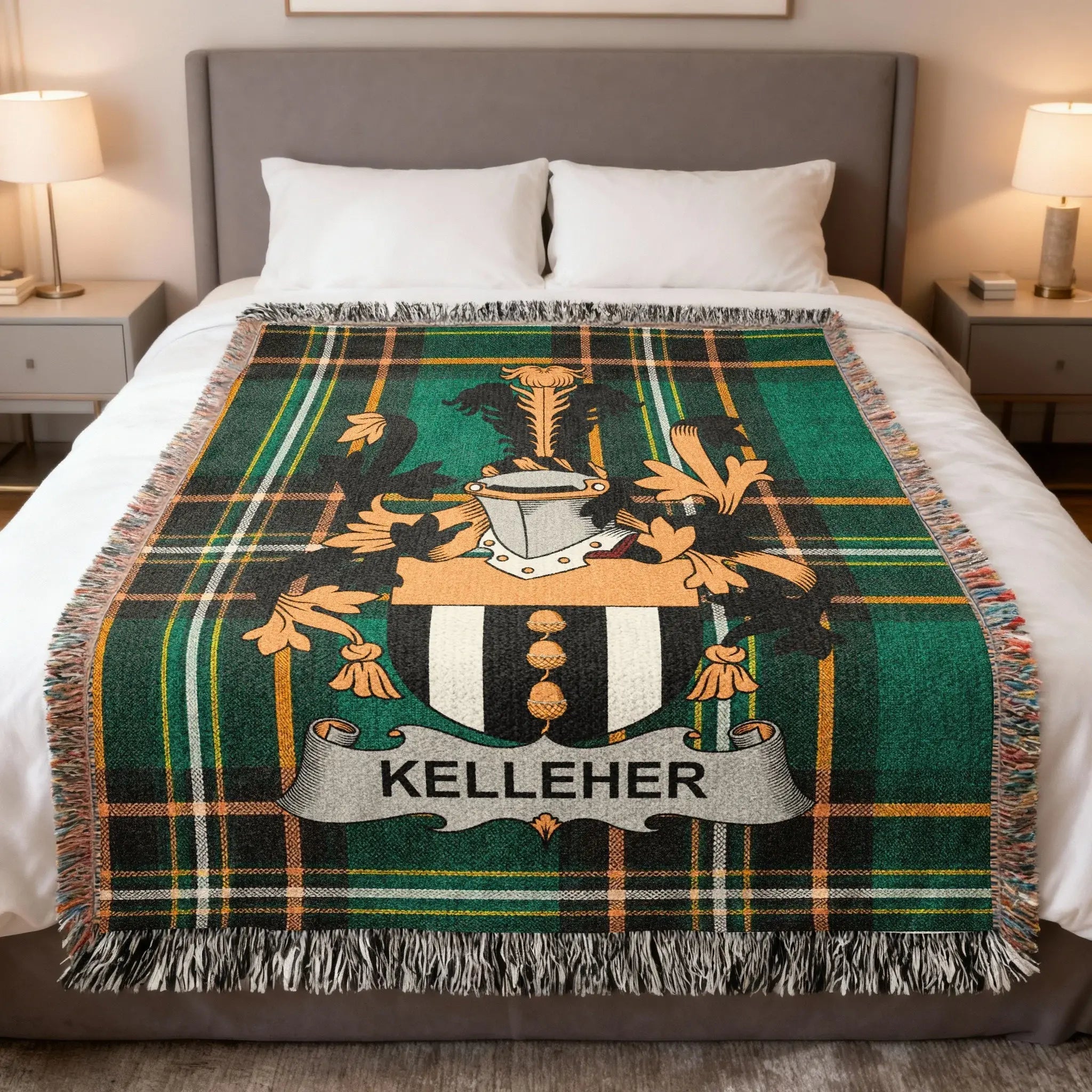 Kelleher Irish heritage woven blanket — celebrating the history, origins, and Gaelic roots of the Kelleher family of County Cork and Kerry