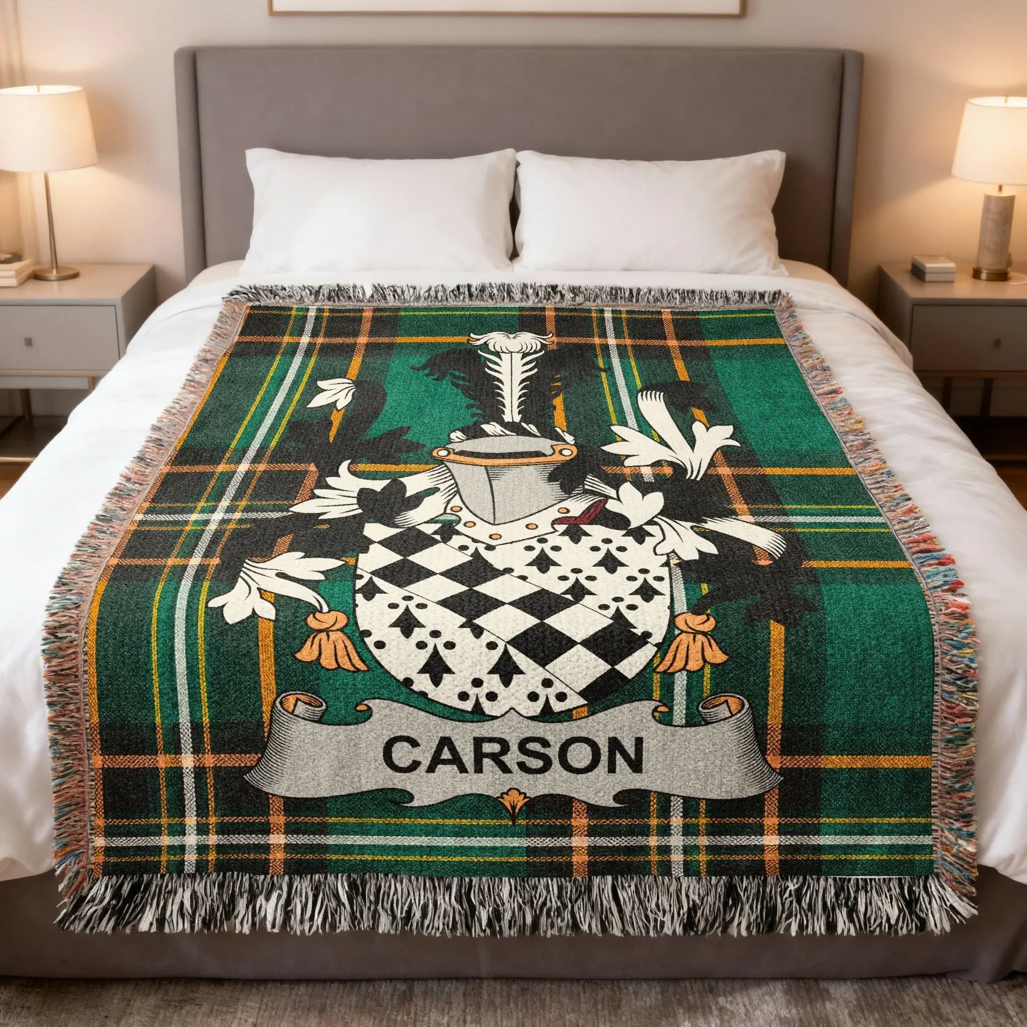 Carson Irish heritage woven blanket — celebrating the Scottish-Ulster origins and Antrim heritage of the Carson family