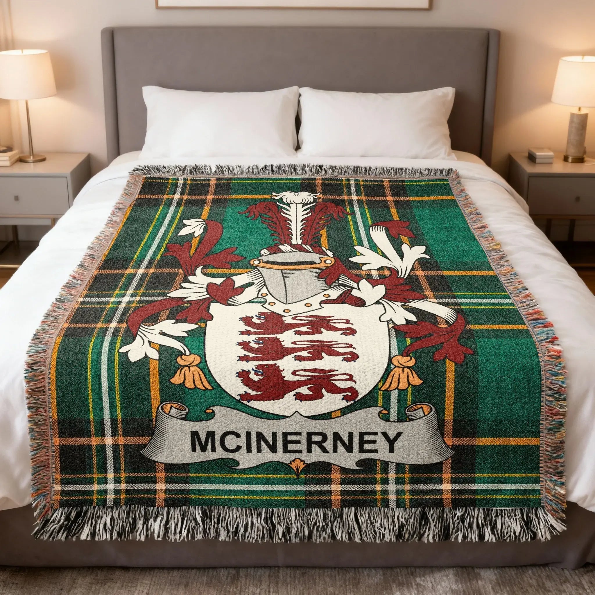 McInerney family woven blanket with a family crest on Irish tartan, celebrating McInerney Clare heritage