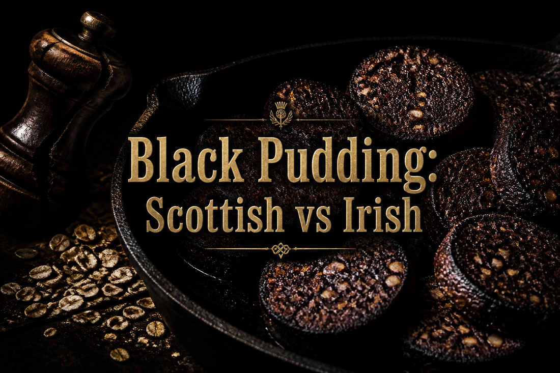 Sliced black pudding discs crisping in a cast-iron skillet with a pepper mill and oats in shadow, Scottish versus Irish pudding