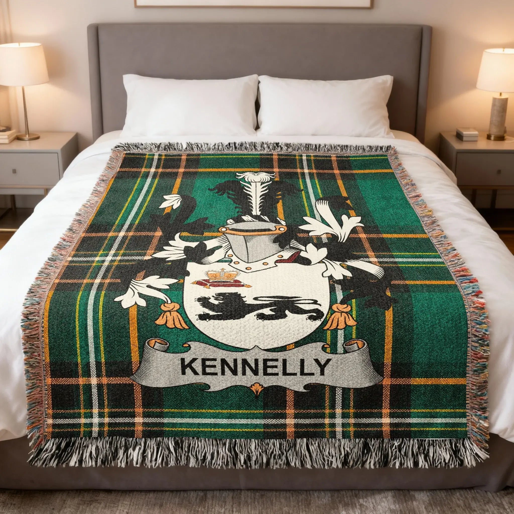 Kennelly Irish heritage woven blanket — celebrating the history, wolf-head origins, and Gaelic roots of the Kennelly family of Kerry and Clare
