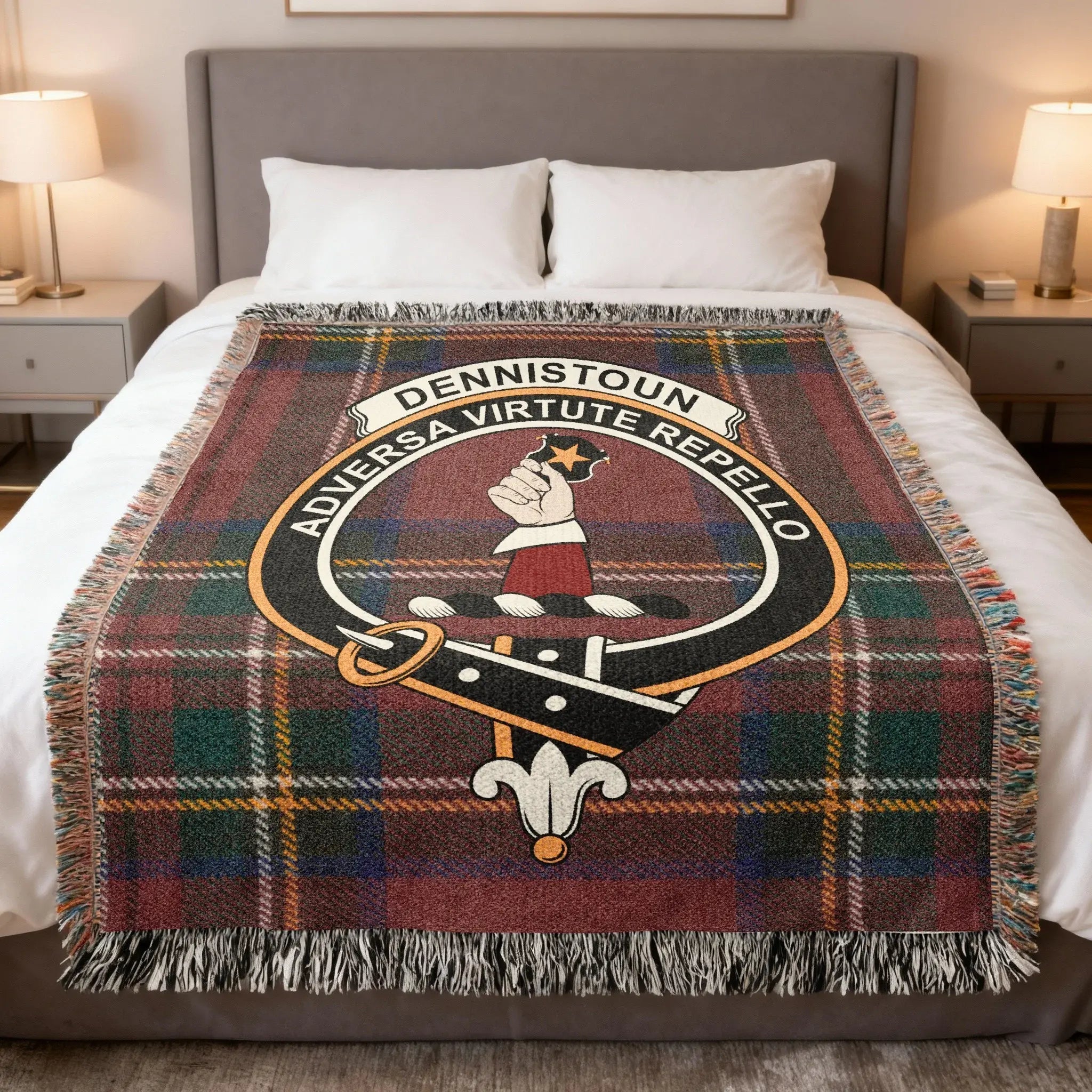 Dennistoun family crest woven blanket on a tartan background, a Scottish heritage throw for the Dennistoun surname of Renfrewshire and Glasgow