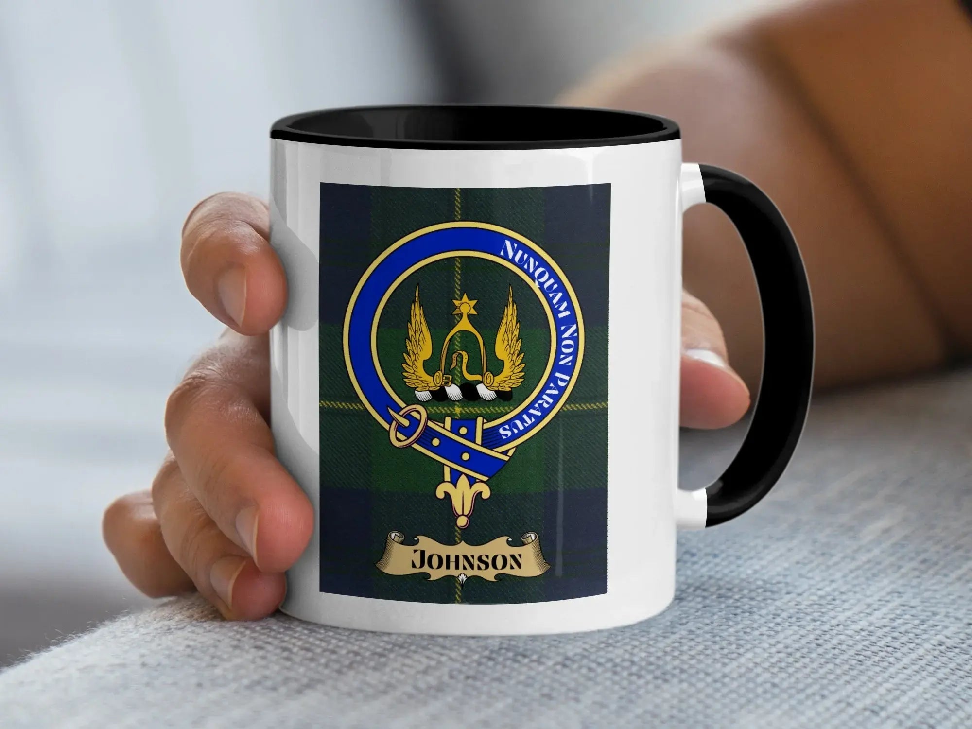 Johnson family crest mug on a tartan background, a Scottish heritage gift for the Johnson surname