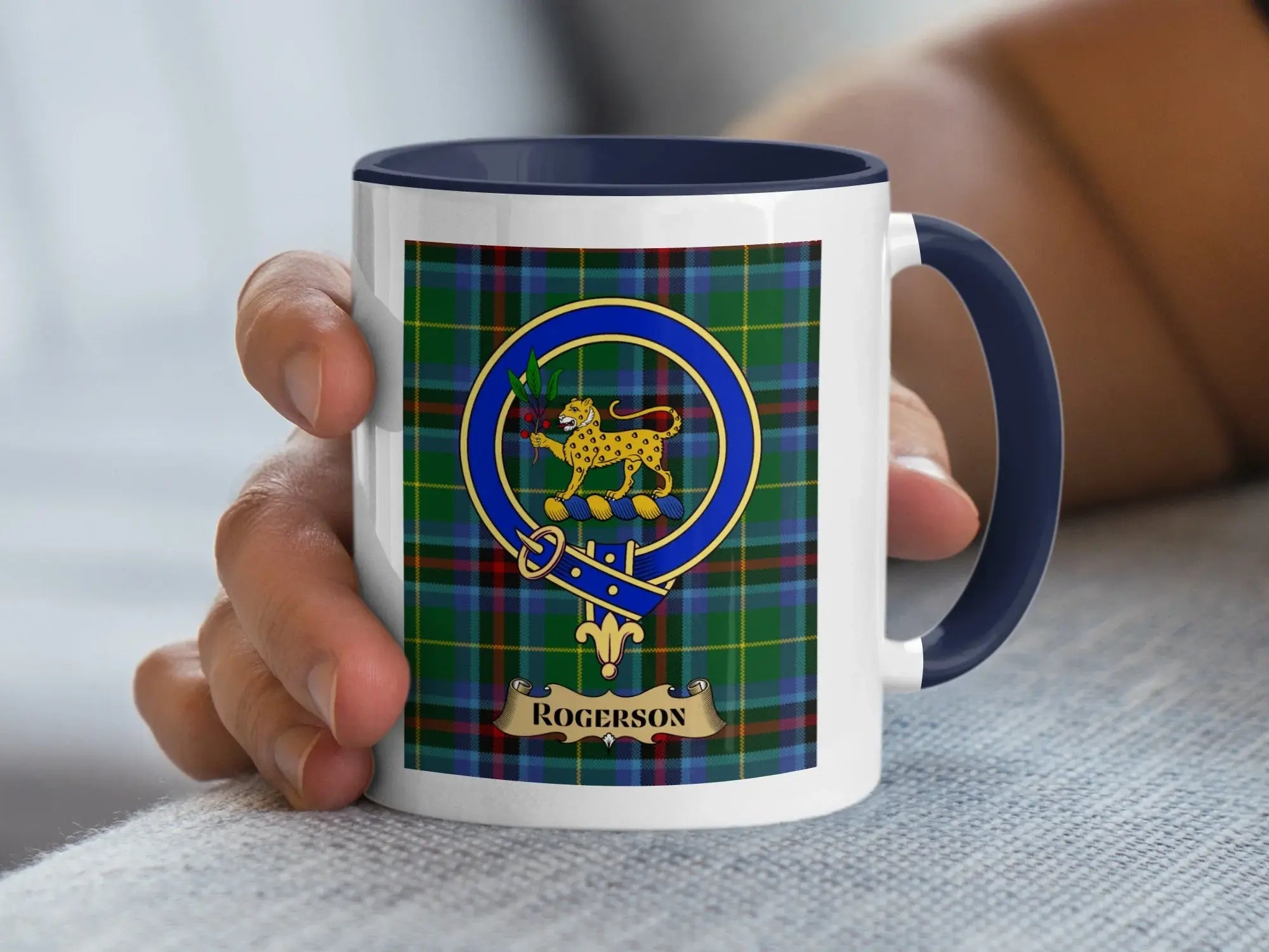 Rogerson mug showing the family crest against a tartan background, a heritage gift for the Dumfriesshire Rogerson name