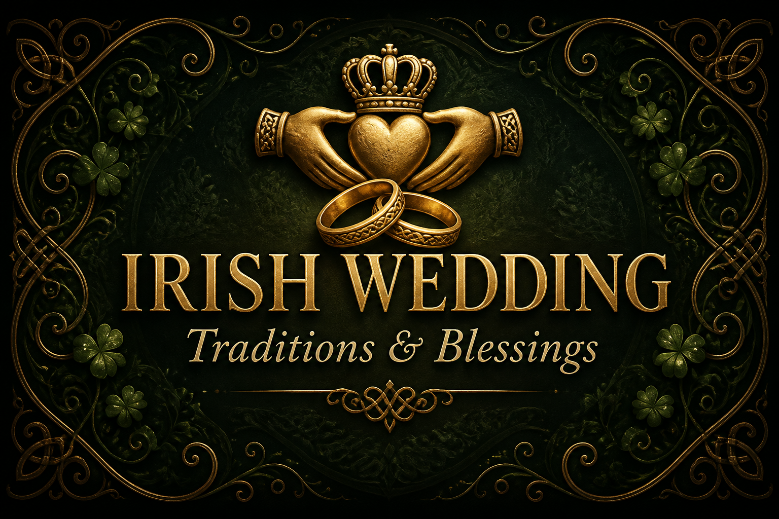 A golden Claddagh with crowned heart above two wedding rings, framed by shamrocks and scrollwork for Irish wedding traditions
