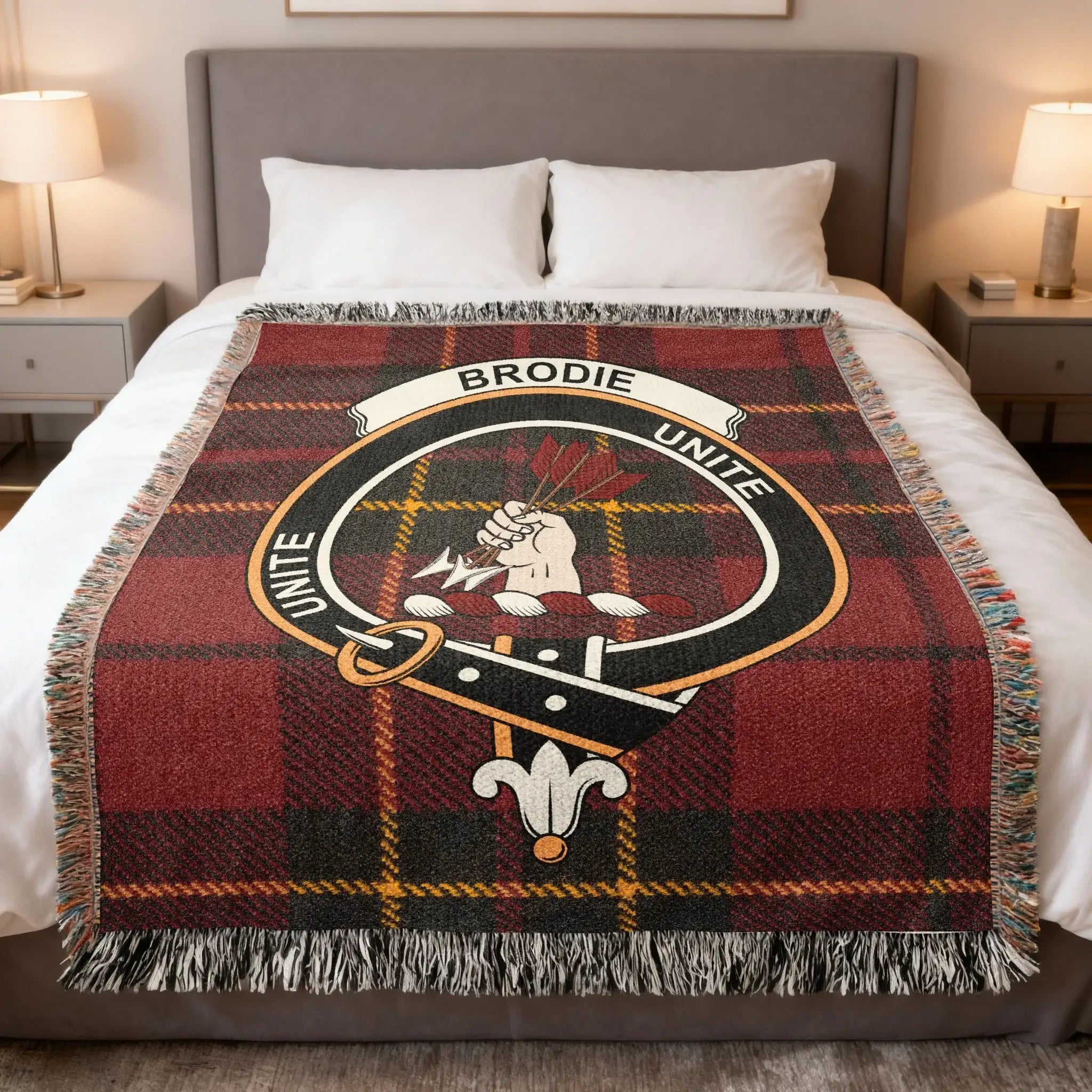 Brodie clan Scottish tartan woven blanket representing Moray heritage and the motto Unite