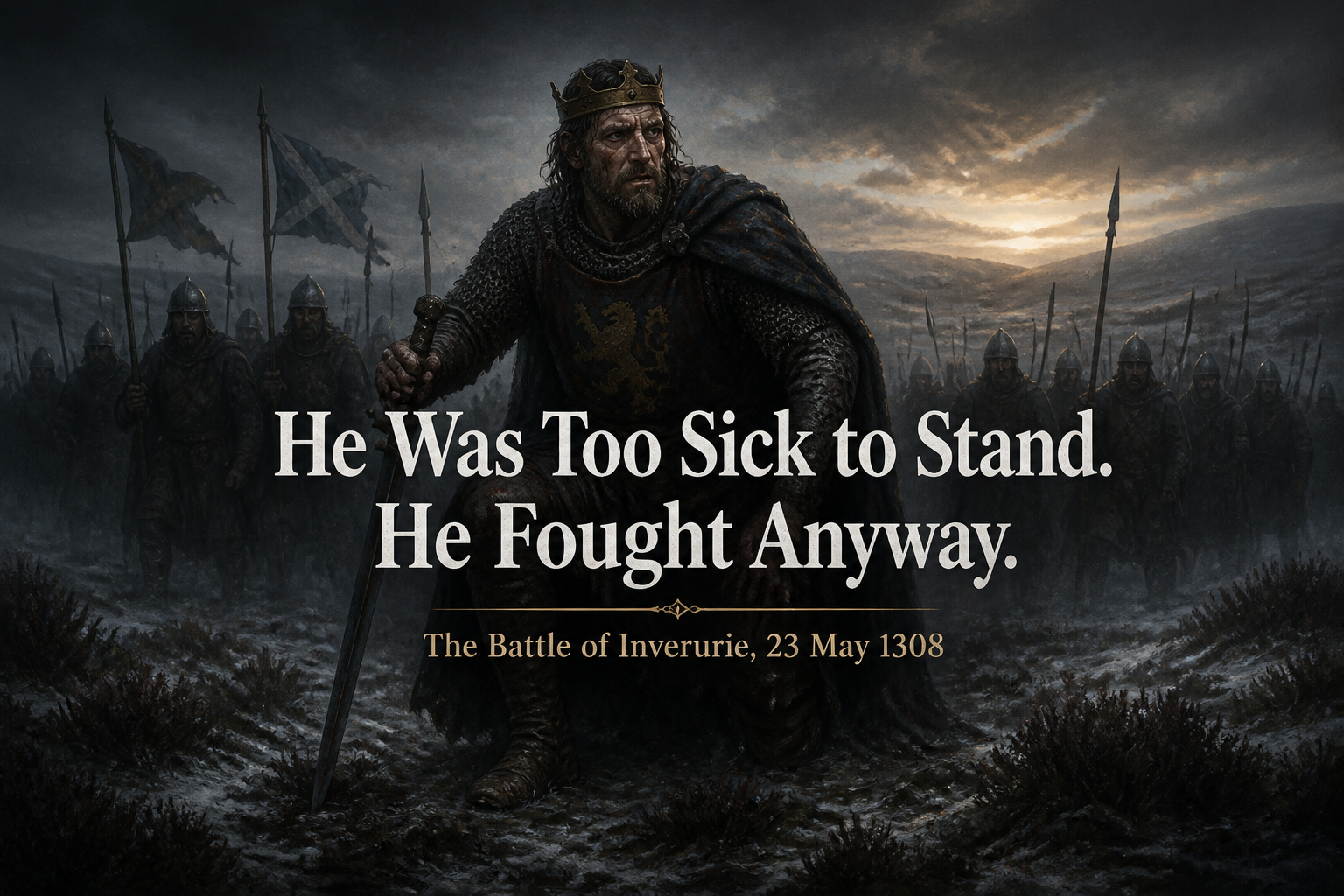 Robert the Bruce rising wounded at dawn on the misty moorland of Inverurie, Aberdeenshire, 23 May 1308 — a pivotal Battle of the Wars of Scottish Independence where Bruce defeated the Earl of Buchan and secured the north of Scotland