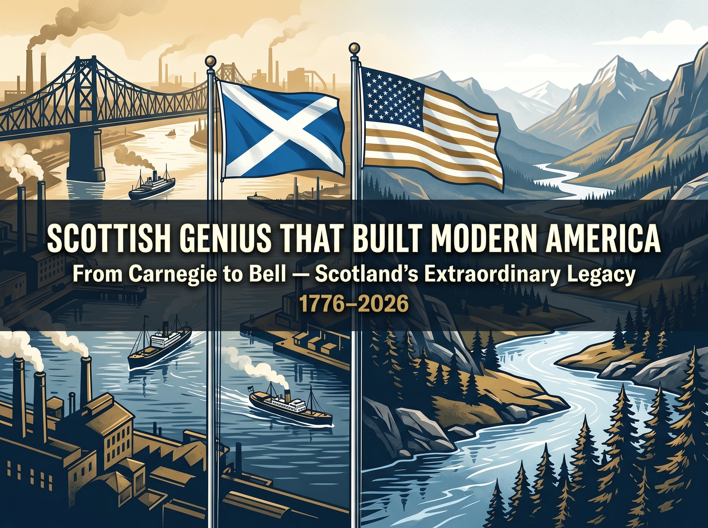 teel bridge and American wilderness landscape with Scottish saltire and American flag — Scottish Genius That Built Modern America, Carnegie to Bell, Scottish heritage and America's 250th anniversary 1776–2026