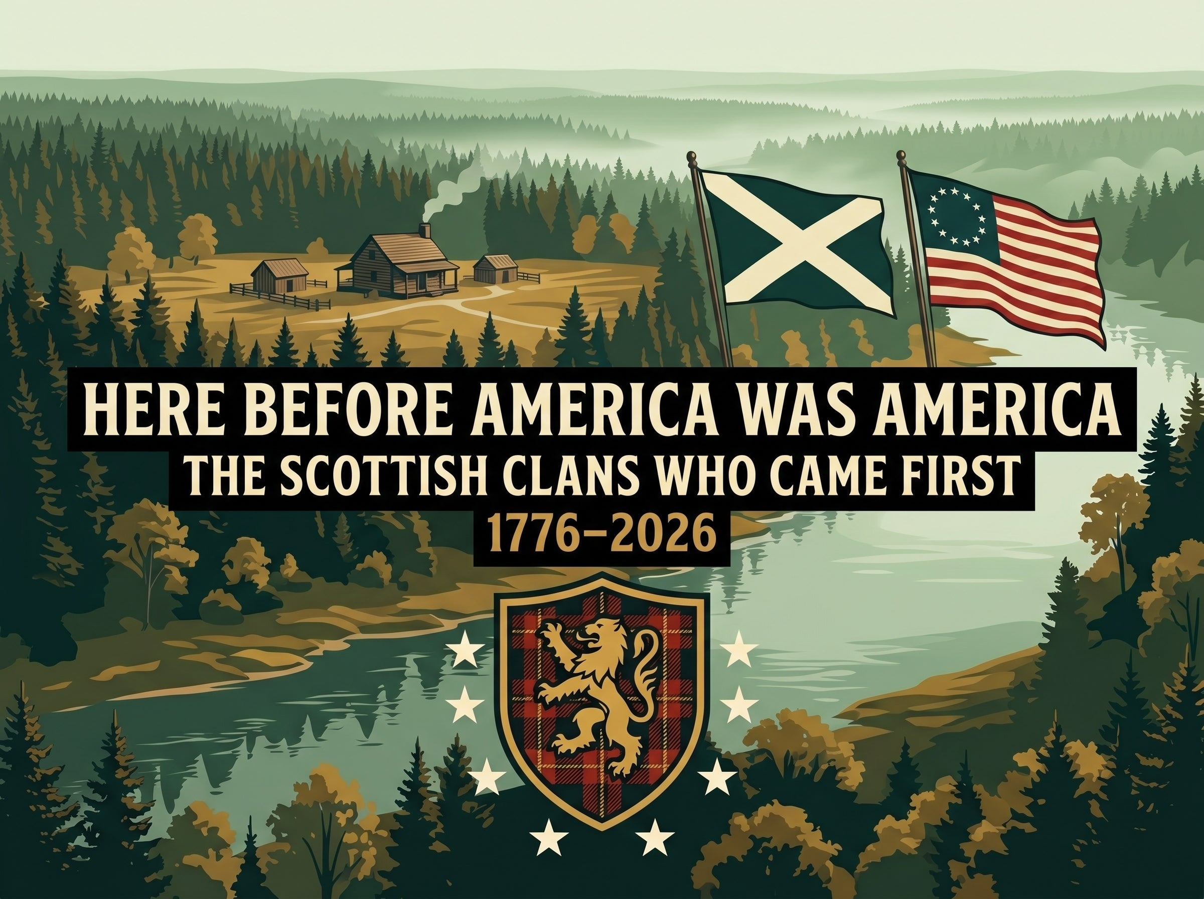Colonial American wilderness landscape with Scottish heraldic shield crest, saltire and American flag — Here Before America Was America, the Scottish clans who came first, 1776–2026