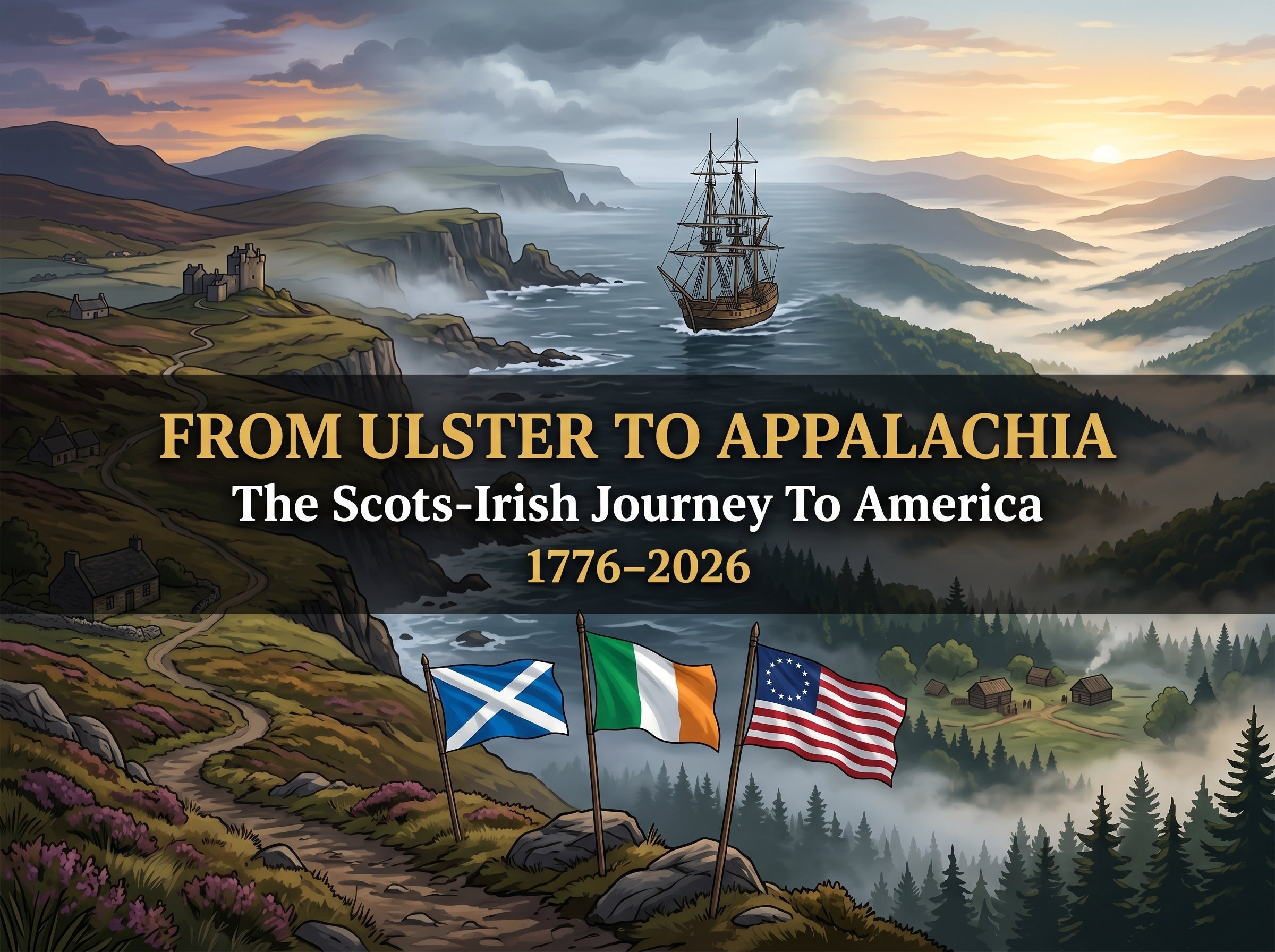 Scottish Lowlands, Ulster coastline and Appalachian mountains with Scottish saltire, Irish tricolour and American flag — From Ulster To Appalachia, the Scots-Irish journey to America, 1776–2026