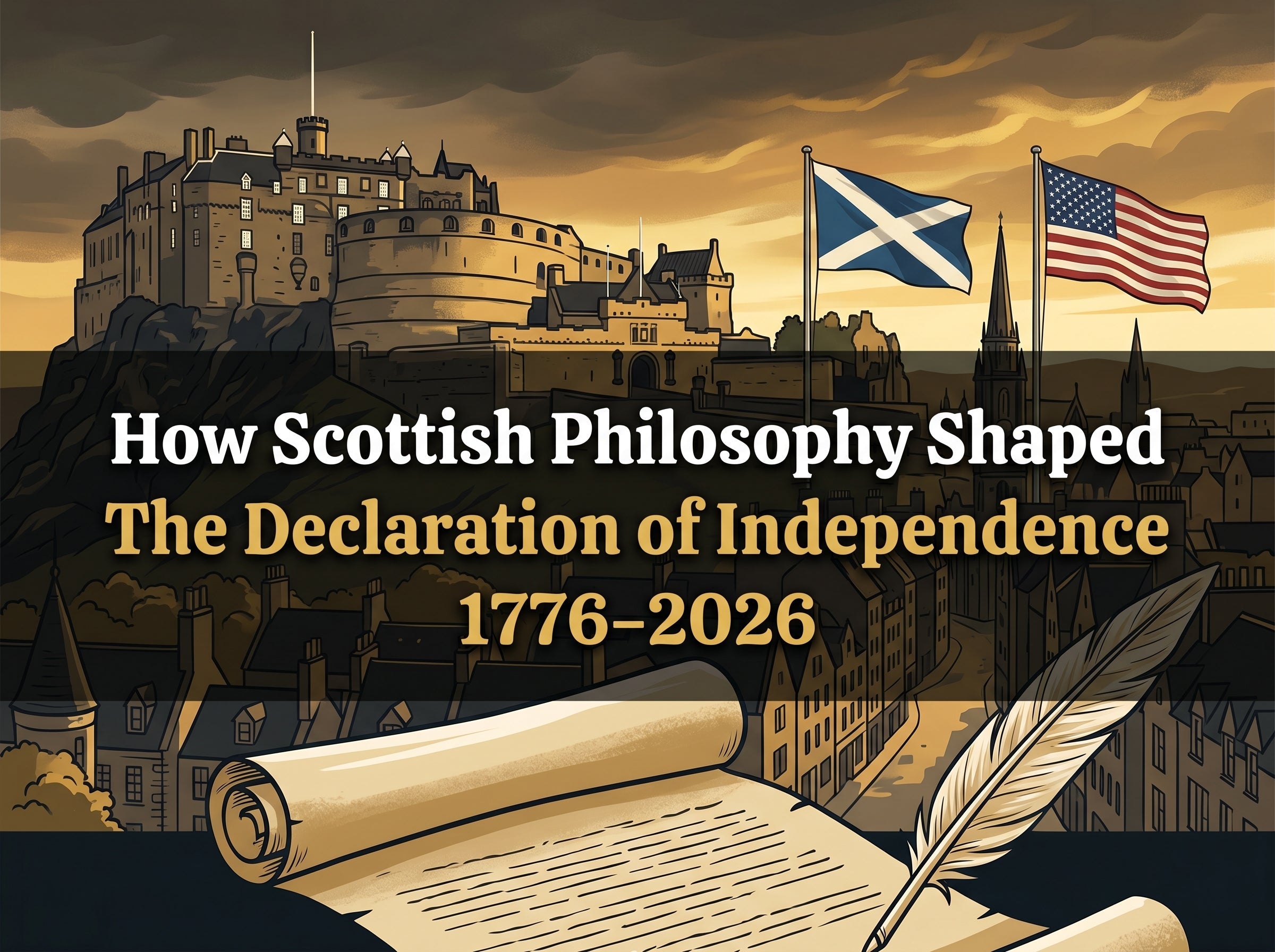 Edinburgh Old Town skyline at dusk with Declaration of Independence scroll, Scottish saltire and American flag — How Scottish Philosophy Shaped the Declaration of Independence, 1776–2026