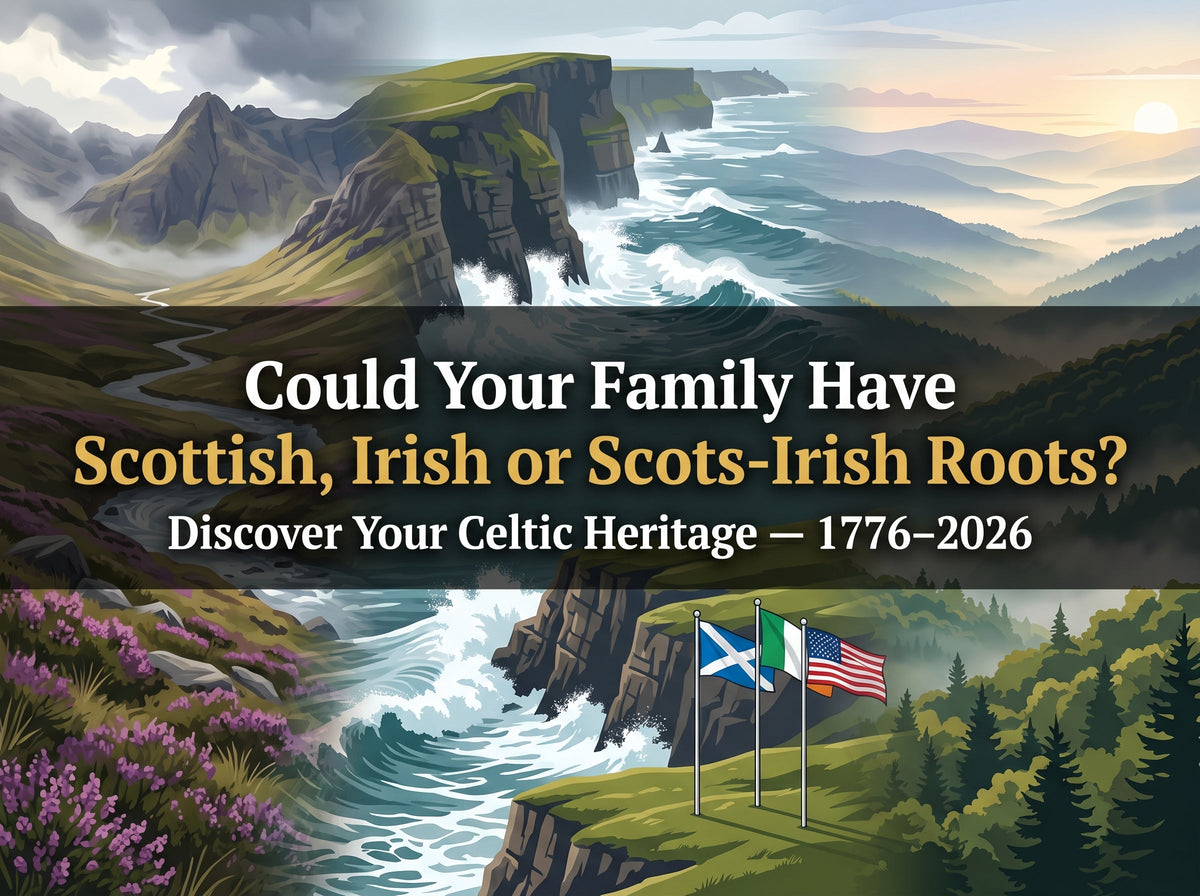 Scottish Highlands, Irish coastal cliffs and Appalachian mountains with saltire, Irish tricolour and American flag — Could Your Family Have Scottish Irish or Scots-Irish Roots, discover your Celtic heritage 1776–2026