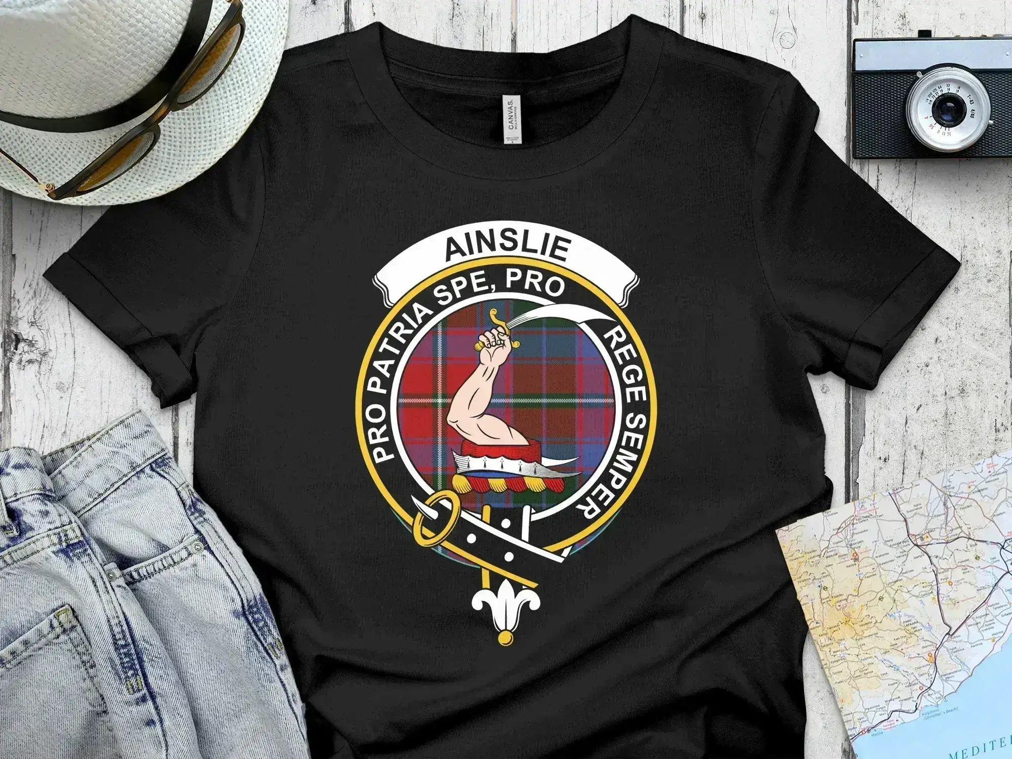 Ainslie clan crest tartan t-shirt sweatshirt