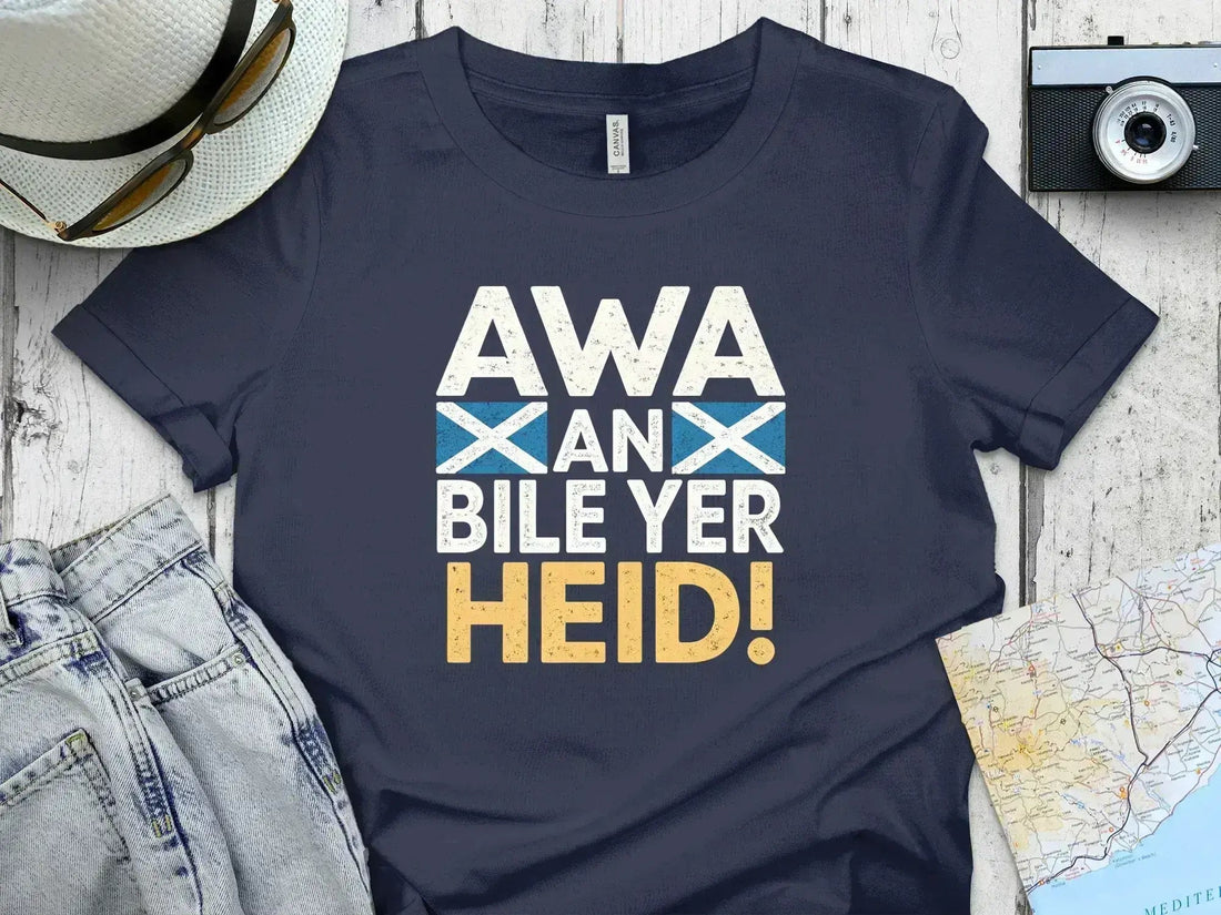 Navy Scottish flag T-shirt with Awa An Bile Yer Heid lettering