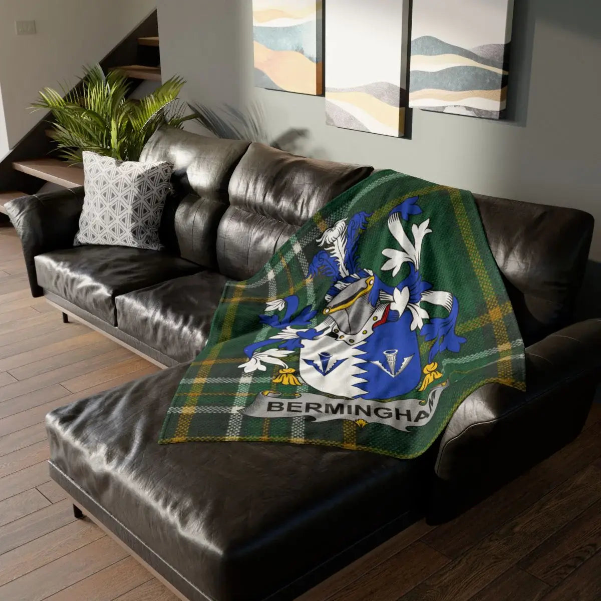 Bermingham family blanket with a family crest on Irish tartan, celebrating Bermingham Norman heritage