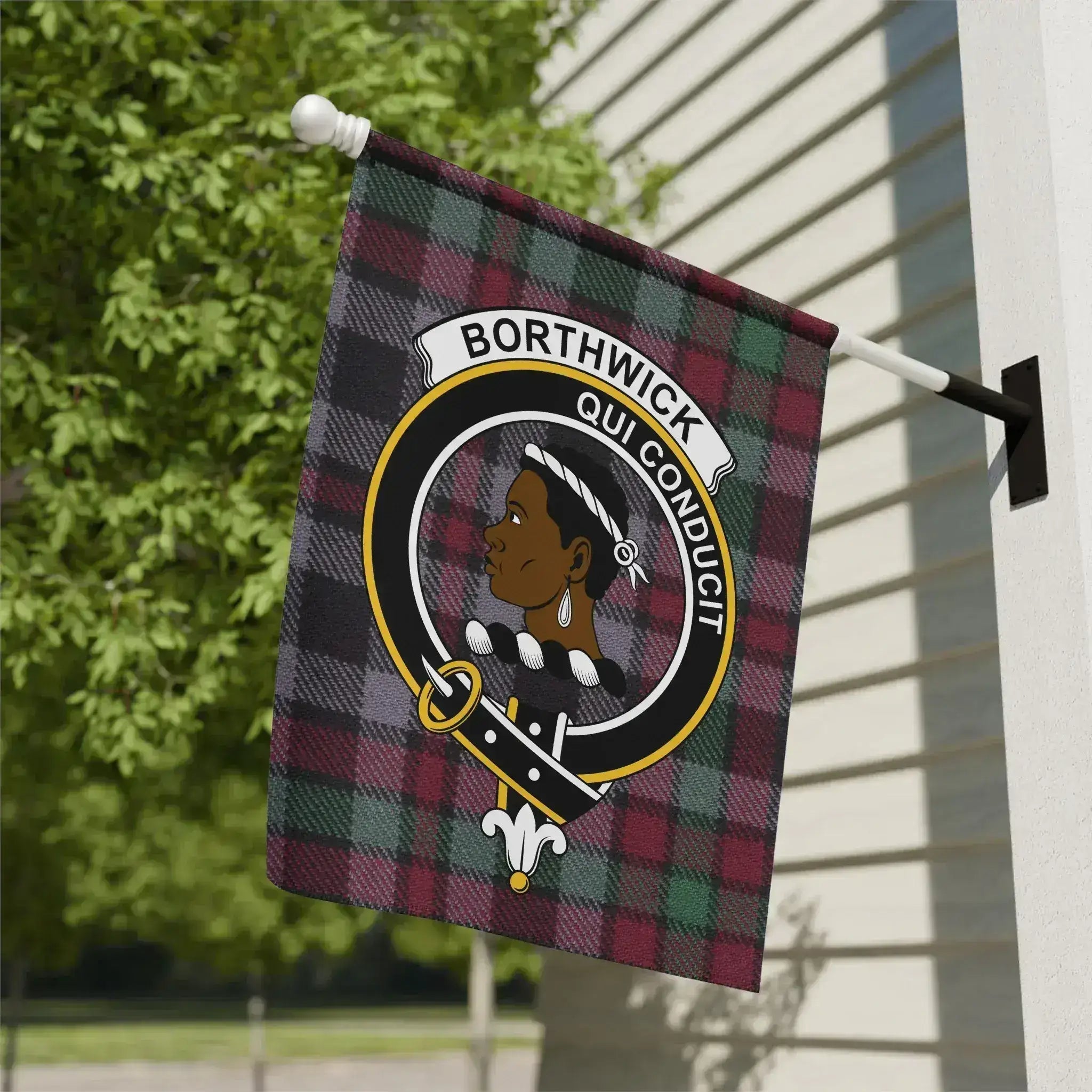 Borthwick clan tartan garden flag representing Borders leadership and the motto Qui Conducit