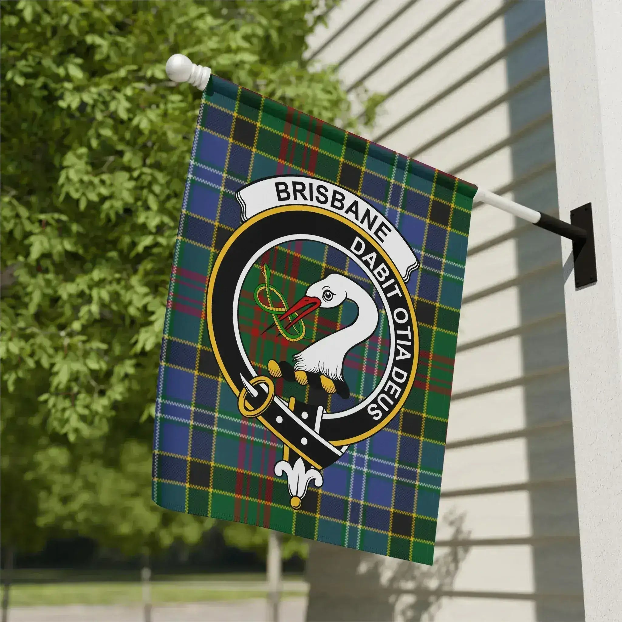 Brisbane clan tartan garden flag representing Largs heritage and Sir Thomas Brisbane's legacy