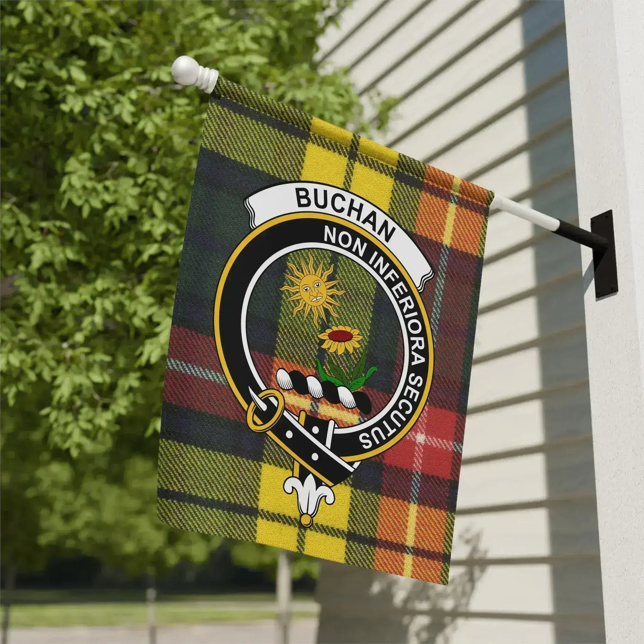 Buchan clan Scottish tartan garden flag representing Aberdeenshire heritage and the motto Non Inferiora Secutus