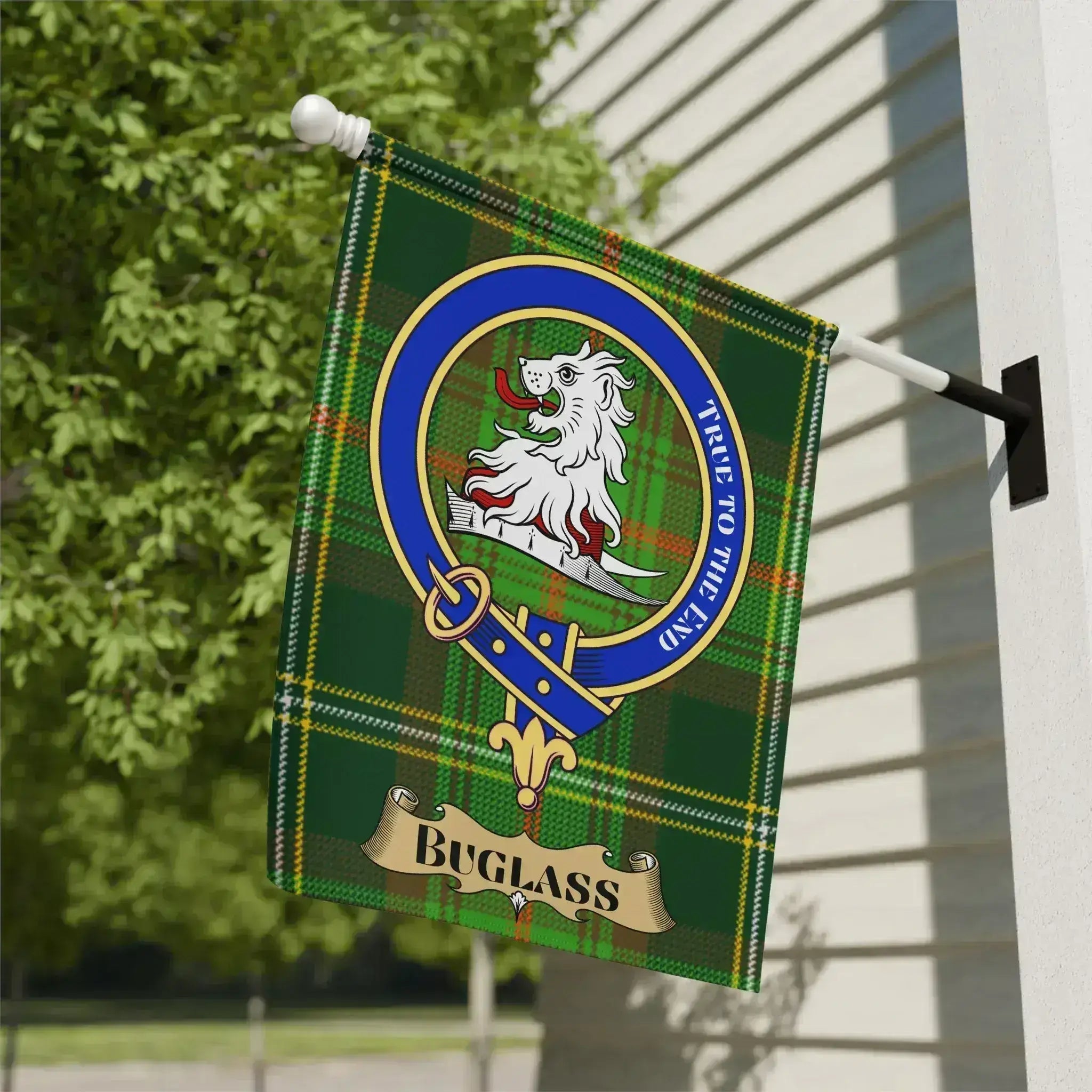 Buglass family crest tartan garden flag, a rare Borders Scottish heritage gift