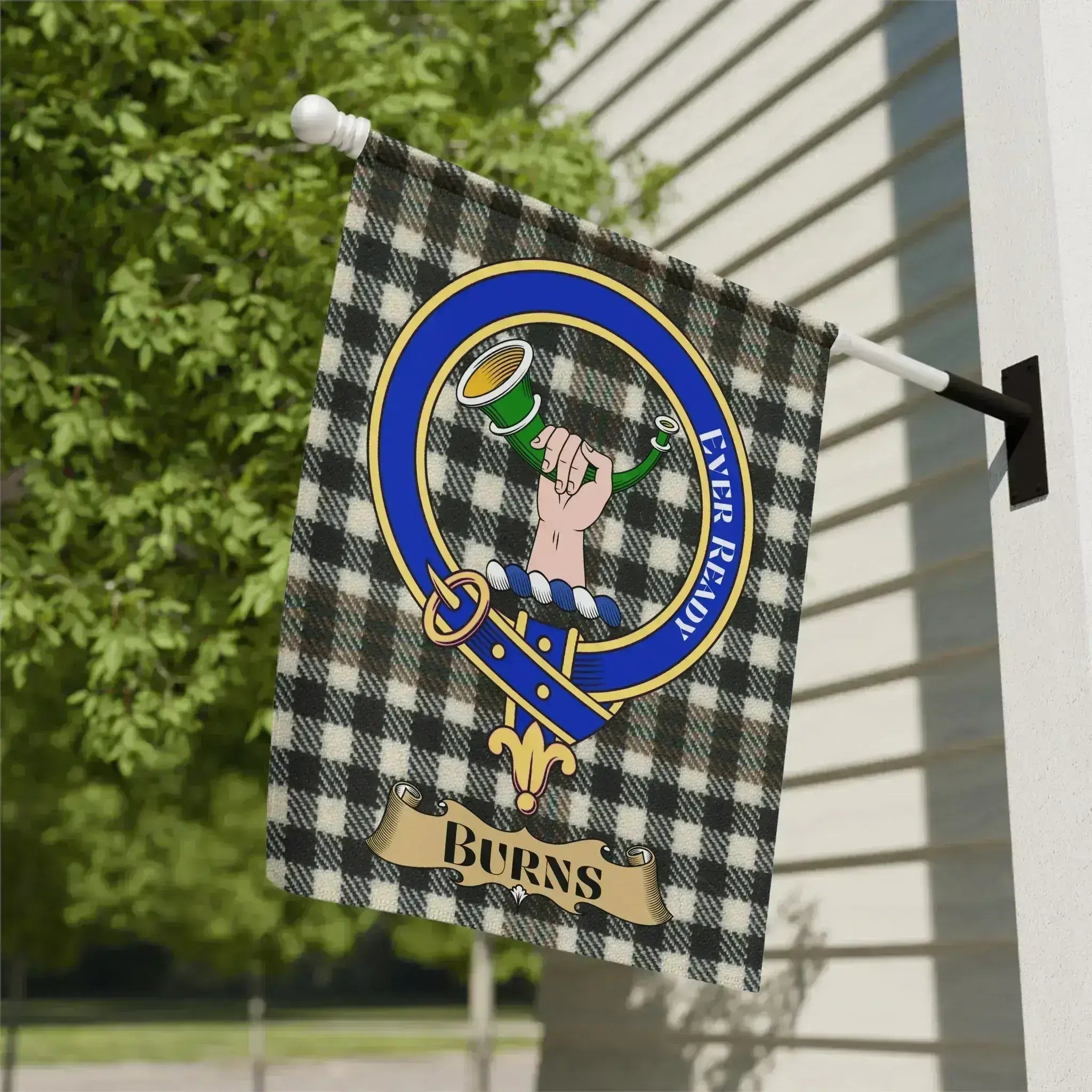 Burns family crest tartan garden flag celebrating Robert Burns and Ayrshire Scottish heritage