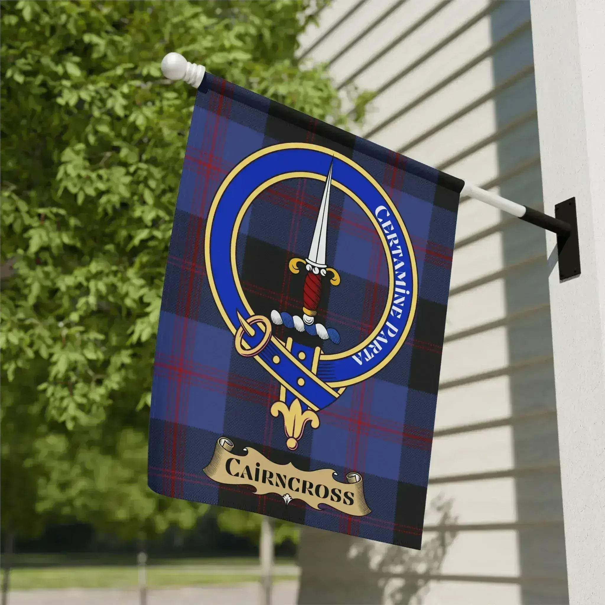 Cairncross family crest tartan garden flag, a Scottish heritage gift