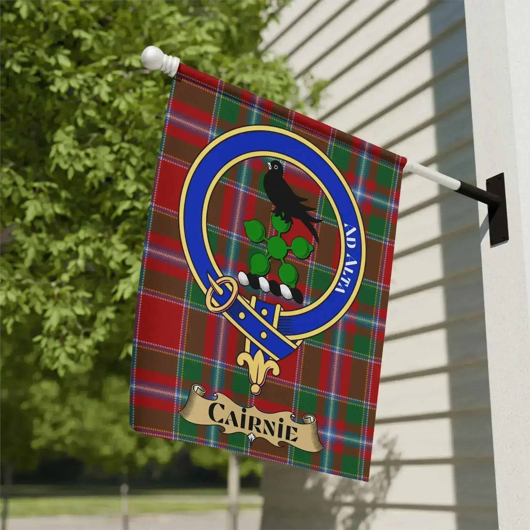 Cairnie family crest tartan garden flag, a north-east Scotland heritage gift