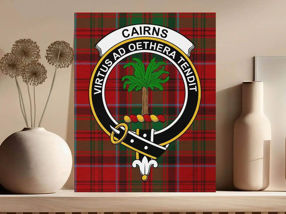 Cairns clan Scottish tartan crest canvas representing Aberdeenshire heritage and the motto Virtus ad Aethera Tendit