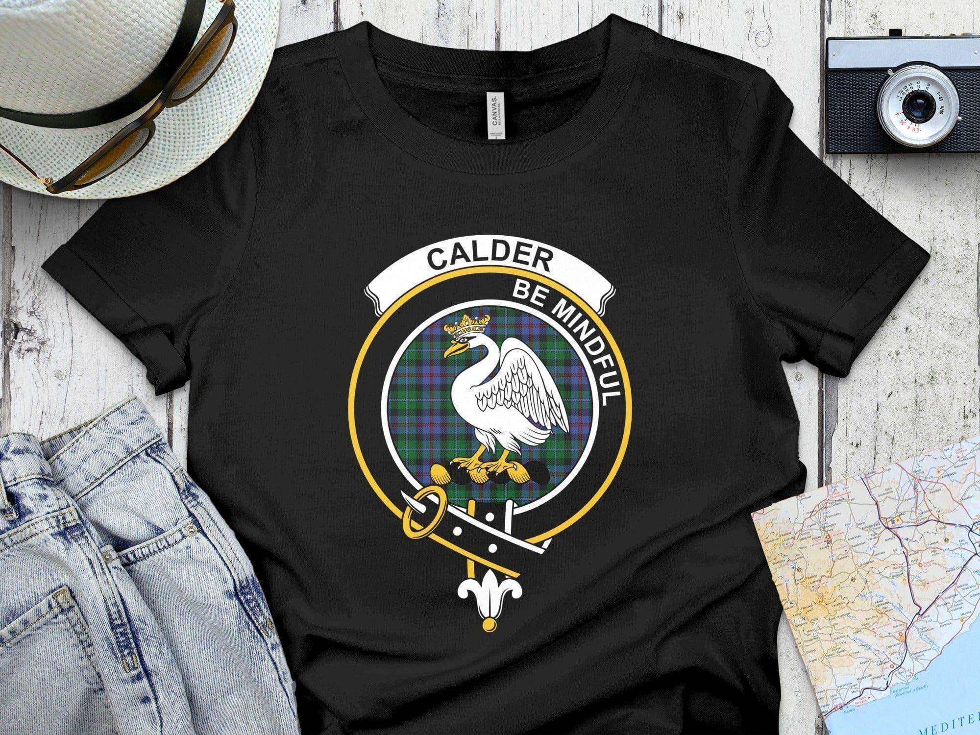 Calder clan Scottish tartan crest t-shirt representing Highland heritage and the motto Be Mindful