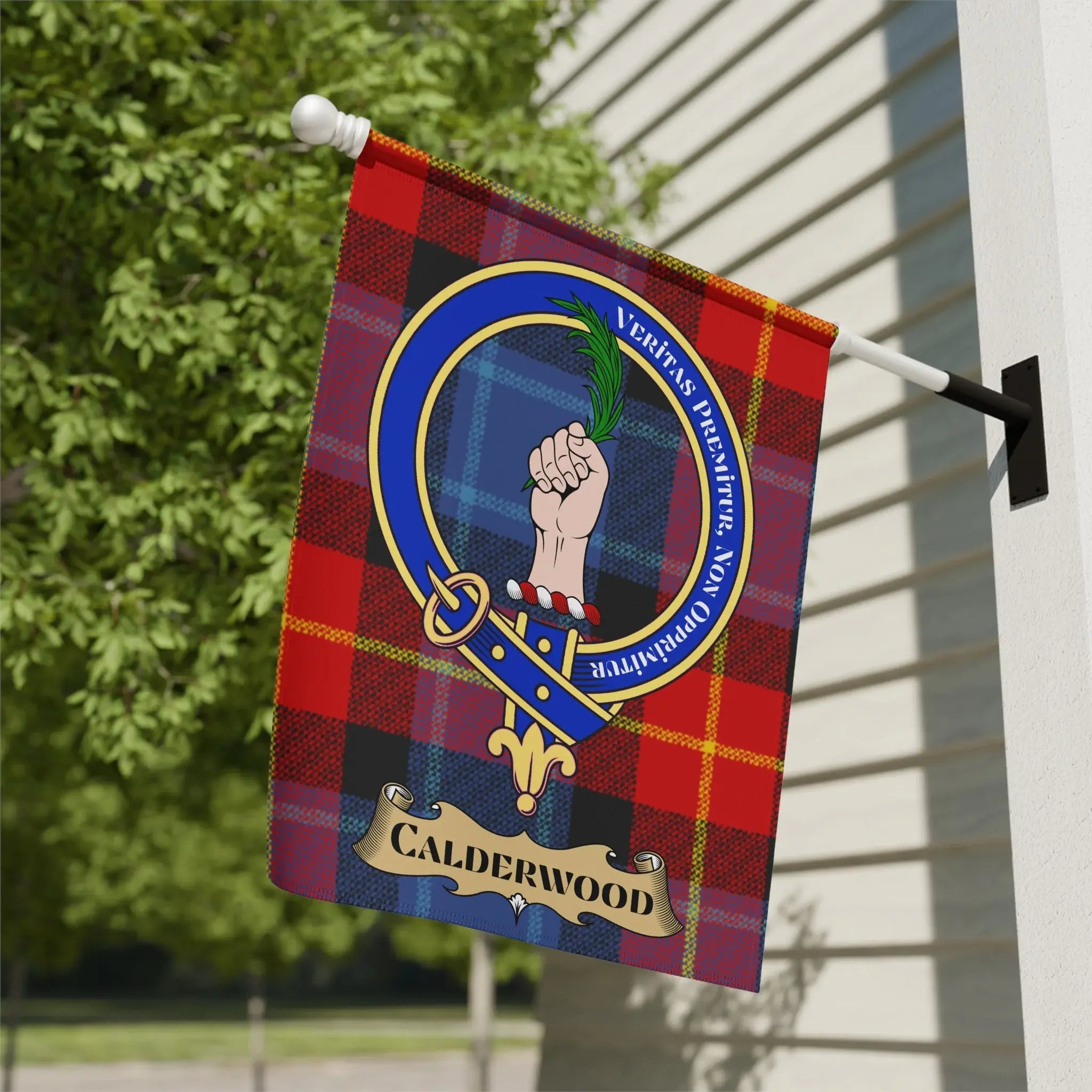 Calderwood family crest tartan garden flag, a Lanarkshire Scottish heritage gift