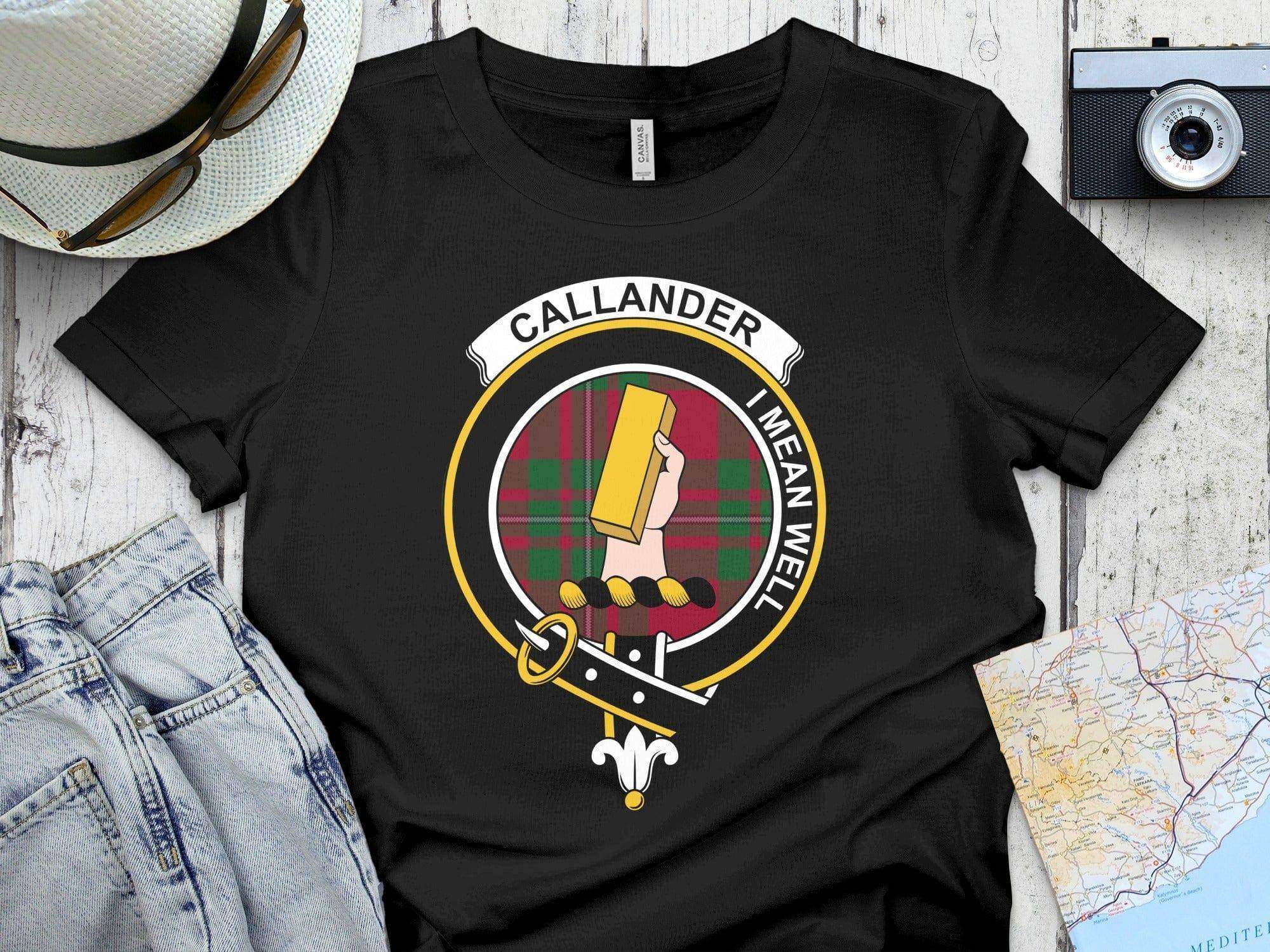 Callander clan Scottish tartan crest t-shirt representing Perthshire heritage and the motto I Mean Well
