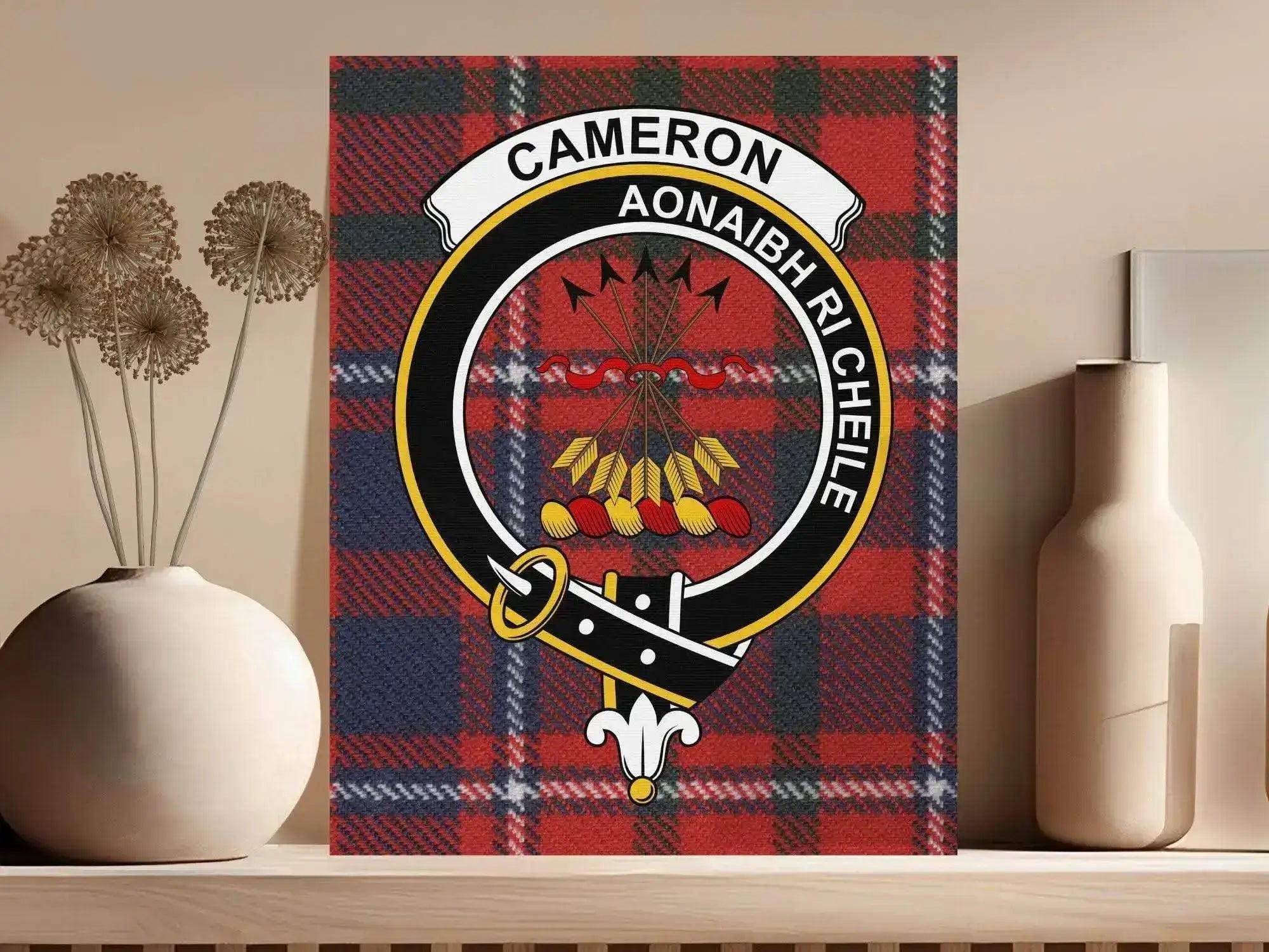 Cameron clan Scottish tartan crest canvas representing Lochaber heritage and the Gaelic motto Aonaibh Ri Cheile
