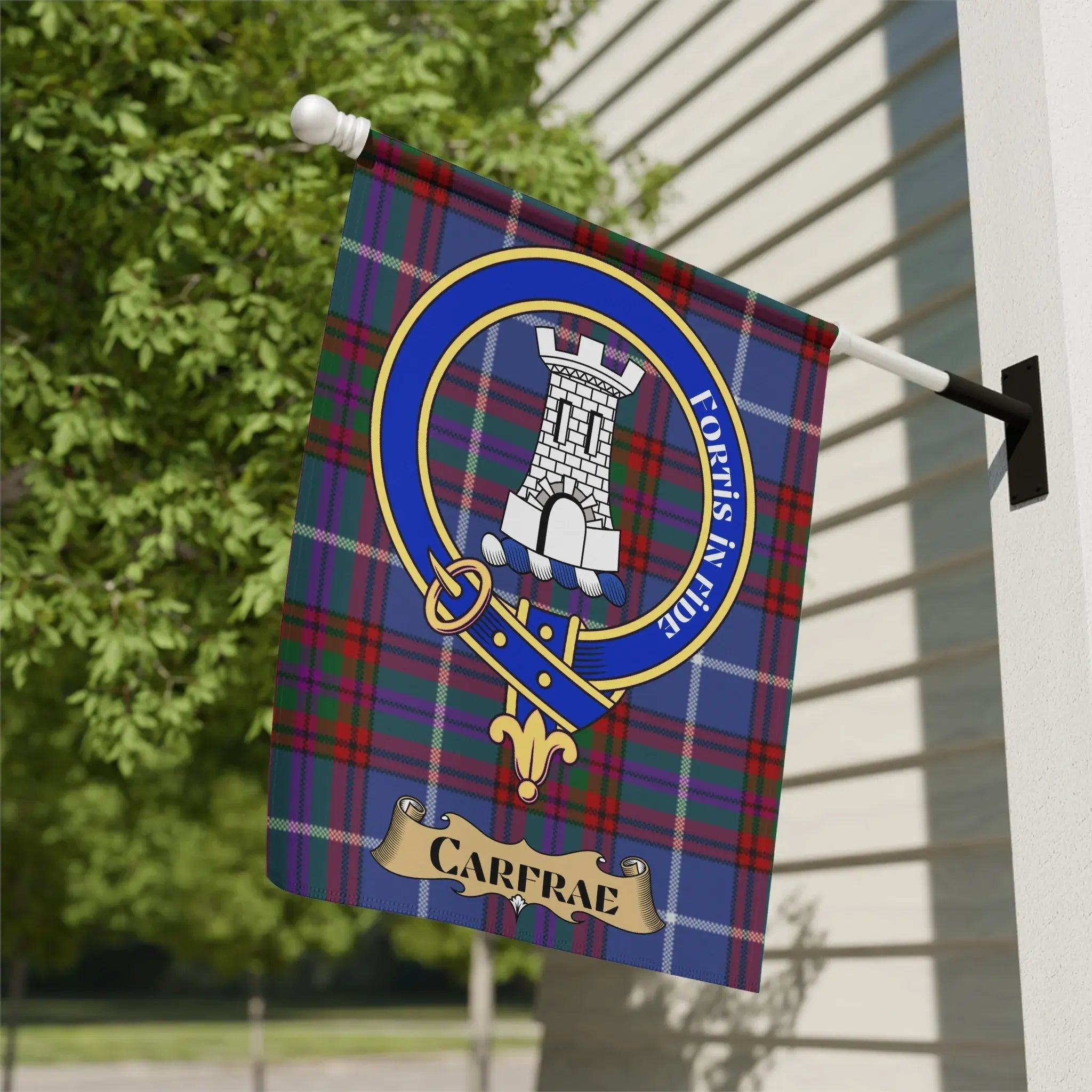 Carfrae family crest tartan garden flag, a rare Lothian Scottish heritage gift