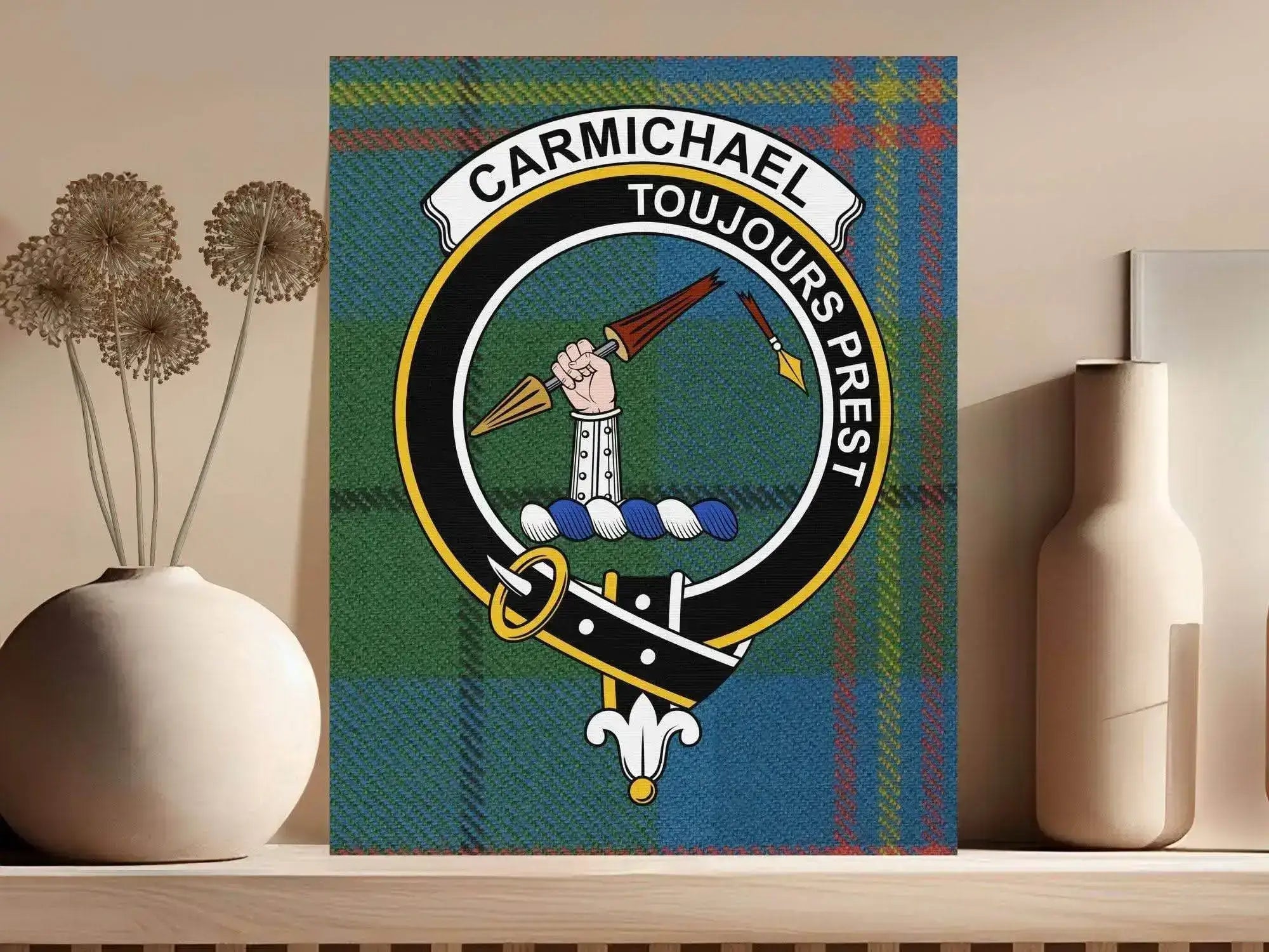 Carmichael clan Scottish tartan crest canvas representing South Lanarkshire heritage and the motto Toujours Prest