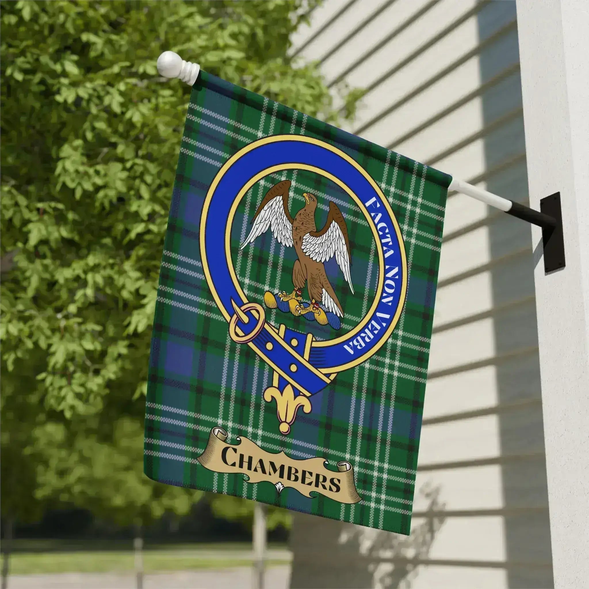 Chambers family crest tartan garden flag, a Scottish heritage gift