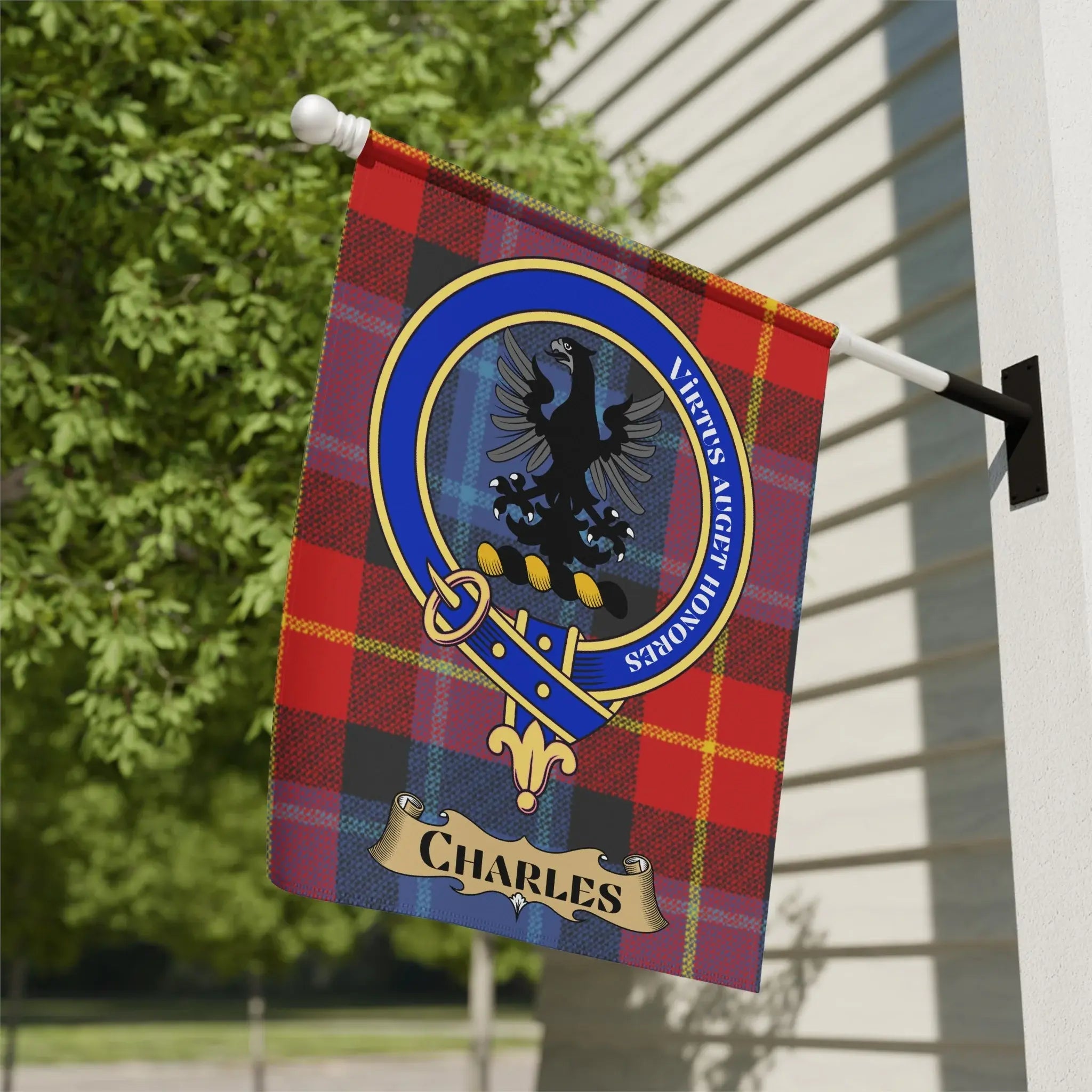 Charles family crest tartan garden flag, a Scottish heritage gift