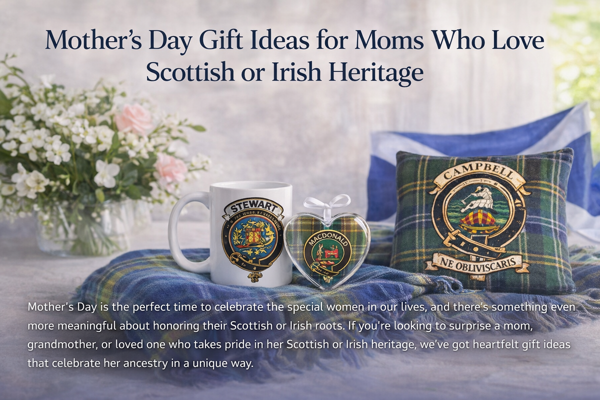 Mother’s Day gift guide blog image featuring Scottish and Irish heritage gifts including a clan mug, heart ornament, tartan blanket, and floral arrangement.