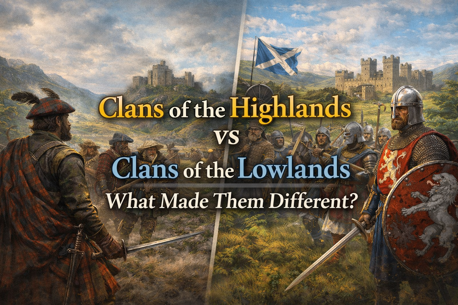 Highland and Lowland Scottish clans facing each other in a colorful landscape beneath the title What Made Them Different?