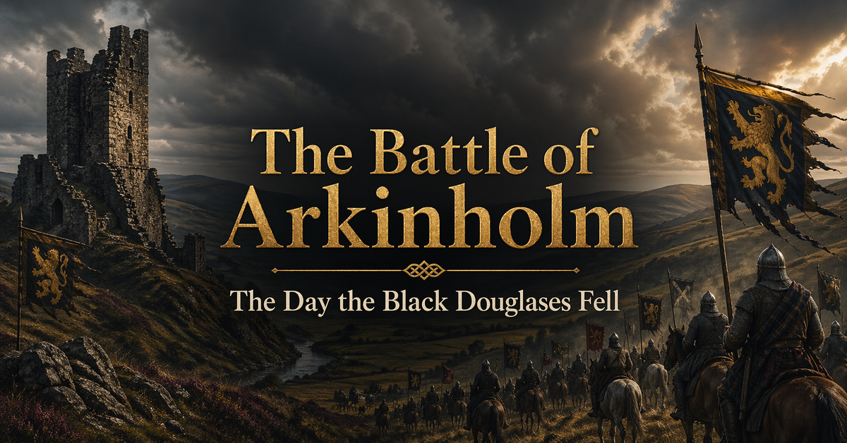 Battle of Arkinholm blog image with medieval Scottish soldiers, banners, ruined tower, and centered title text.