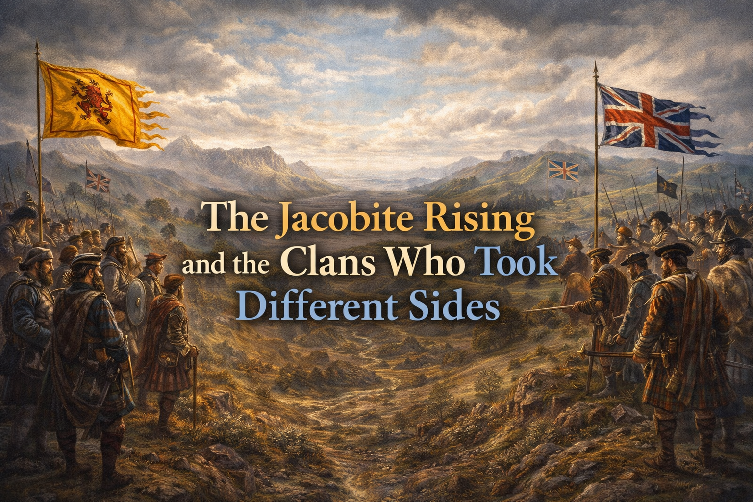 Jacobite and government-supporting Scottish clans facing each other beneath the title The Jacobite Rising and the Clans Who Took Different Sides