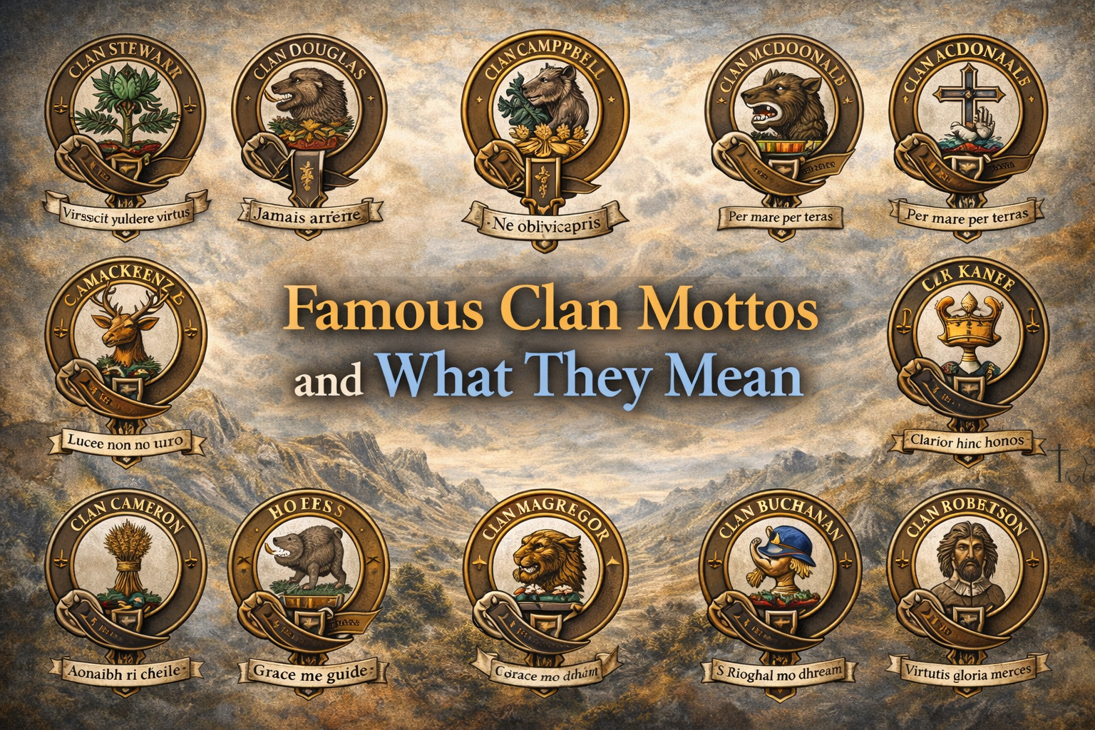 Scottish clan crest-style emblems surrounding the title Famous Clan Mottos and What They Mean against a Highland landscape backdrop