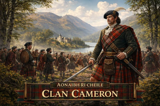 Clan Cameron Highland warrior in traditional tartan near Achnacarry Castle, featuring the clan motto “Aonaibh Ri Chèile”