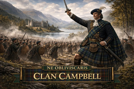 Clan Campbell chieftain leading Highland warriors in battle near Inveraray Castle, featuring the clan motto “Ne Obliviscaris” and traditional Campbell tartan