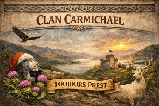 Clan Carmichael Scottish Highlands artwork with castle, stag, thistle, medieval armor, and the motto “TOUJOURS PREST.”