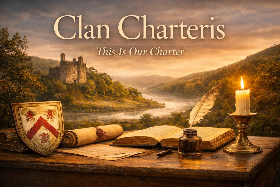Clan Charteris Scottish clan blog header featuring Kinfauns Castle overlooking a misty river valley, with historic parchment, quill, and candle in the foreground, and the motto “This Is Our Charter” displayed above the landscape.
