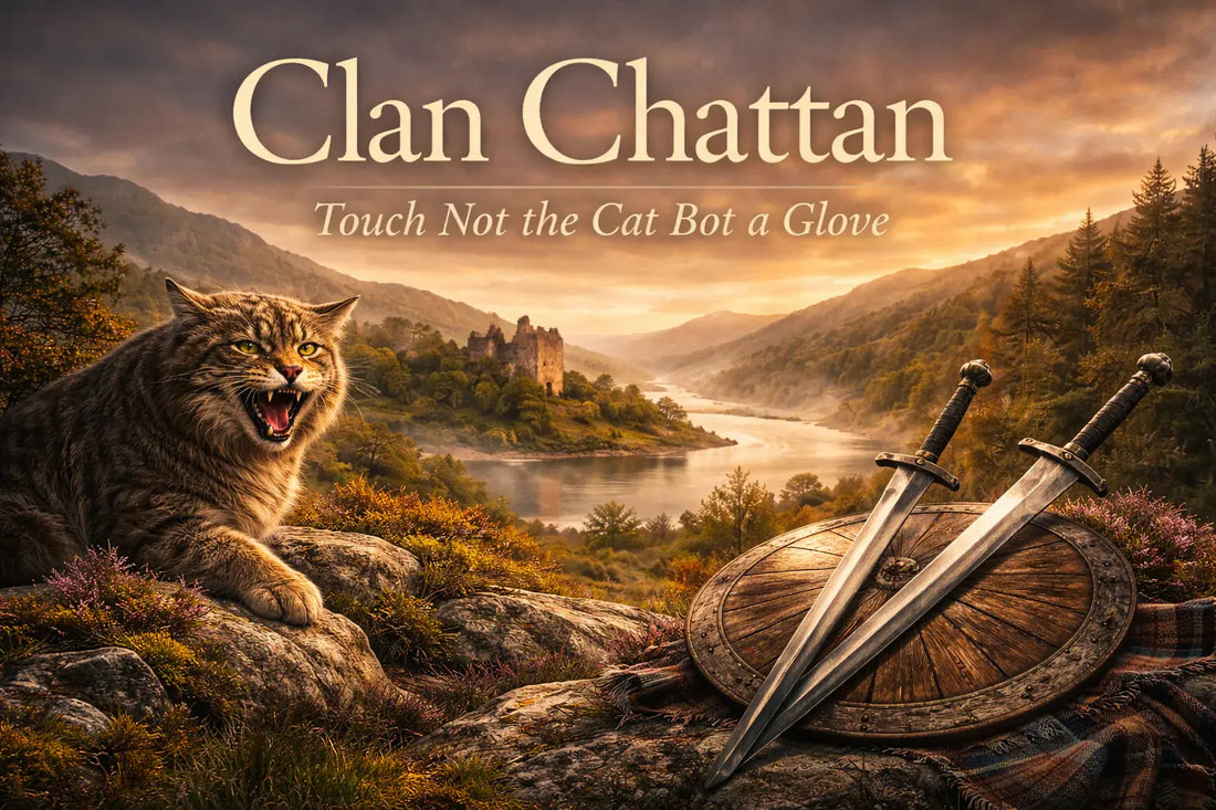 Clan Chattan Scottish Highland heritage image with a wildcat symbol, historic castle, and the motto “Touch Not the Cat Bot a Glove.”