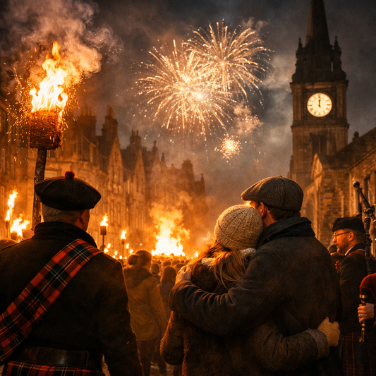 Hogmanay celebration in Scotland with torchlight procession, fireworks over a historic city skyline, and people gathered together welcoming the New Year in a traditional Scottish setting