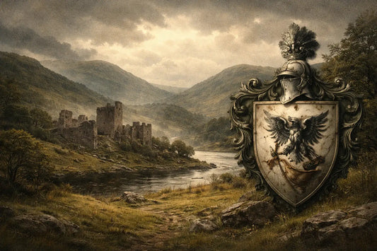 Historic Scottish landscape associated with the Clelland surname, showing an ancient castle ruin and heraldic shield linked to southwest Scotland and Clan MacLellan