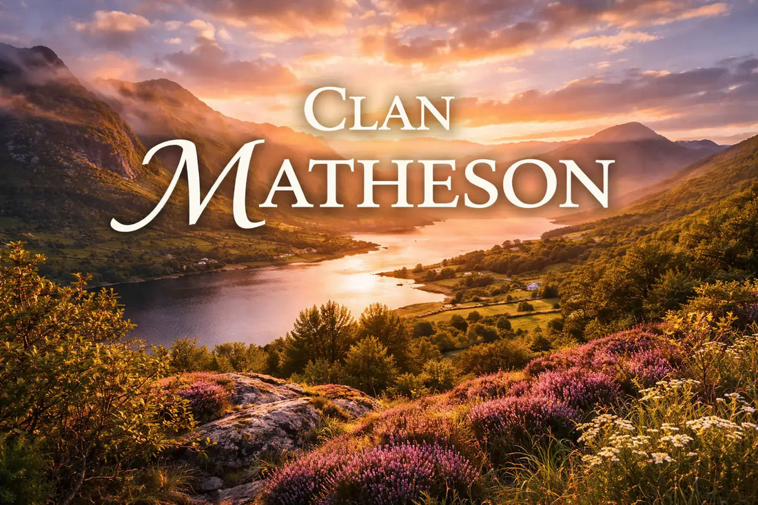 Colorful sunset landscape of the Scottish Highlands with a sea loch, mountains, and heather in bloom, featuring large text reading “Clan Matheson,” created as a banner image for a Scottish clan history blog.